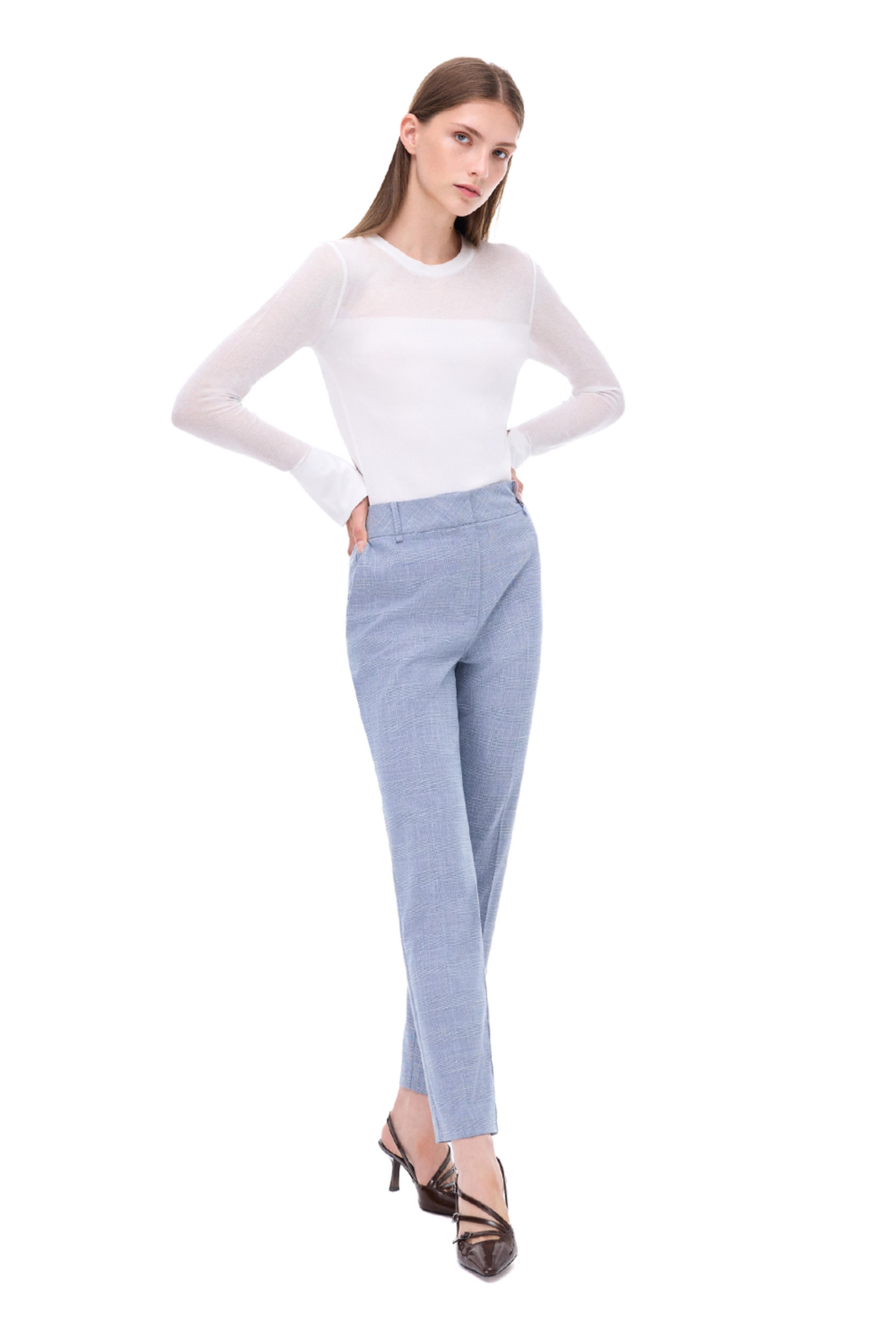 İndigo Ekoseli Yüksek Bel Boru Paça Pantolon