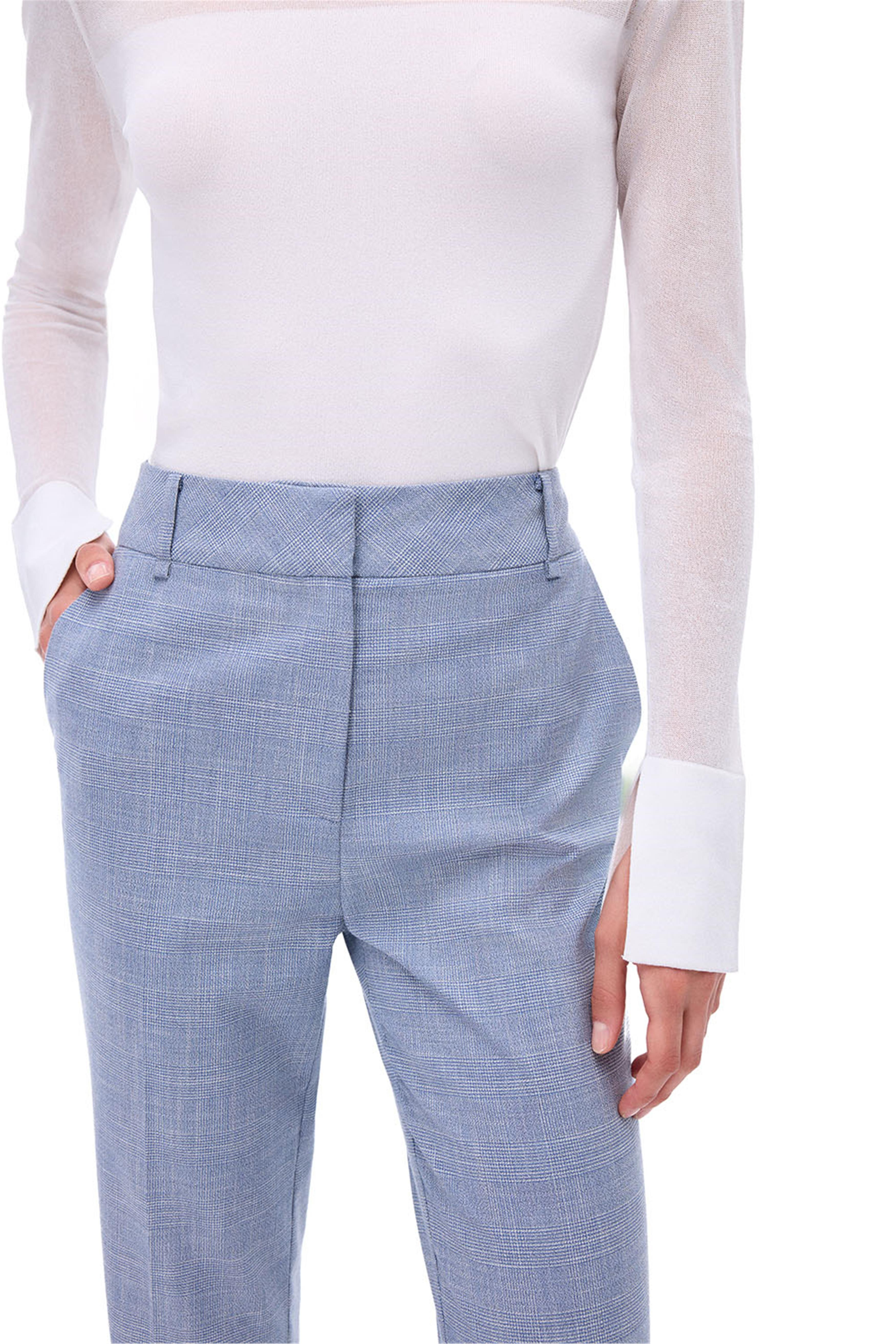 İndigo Ekoseli Yüksek Bel Boru Paça Pantolon