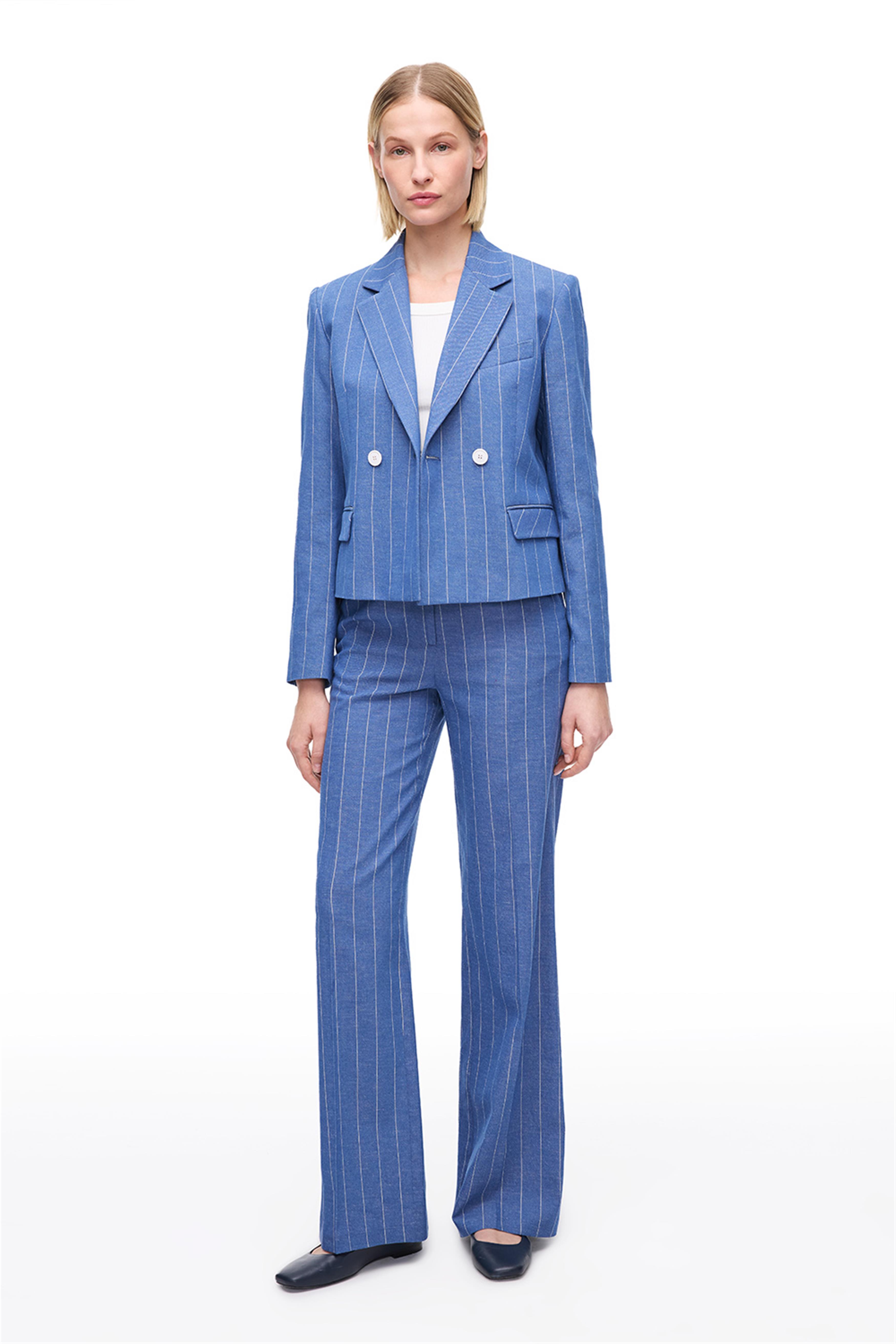 İndigo Pamuk Keten Karışımlı Çizgili Ceket