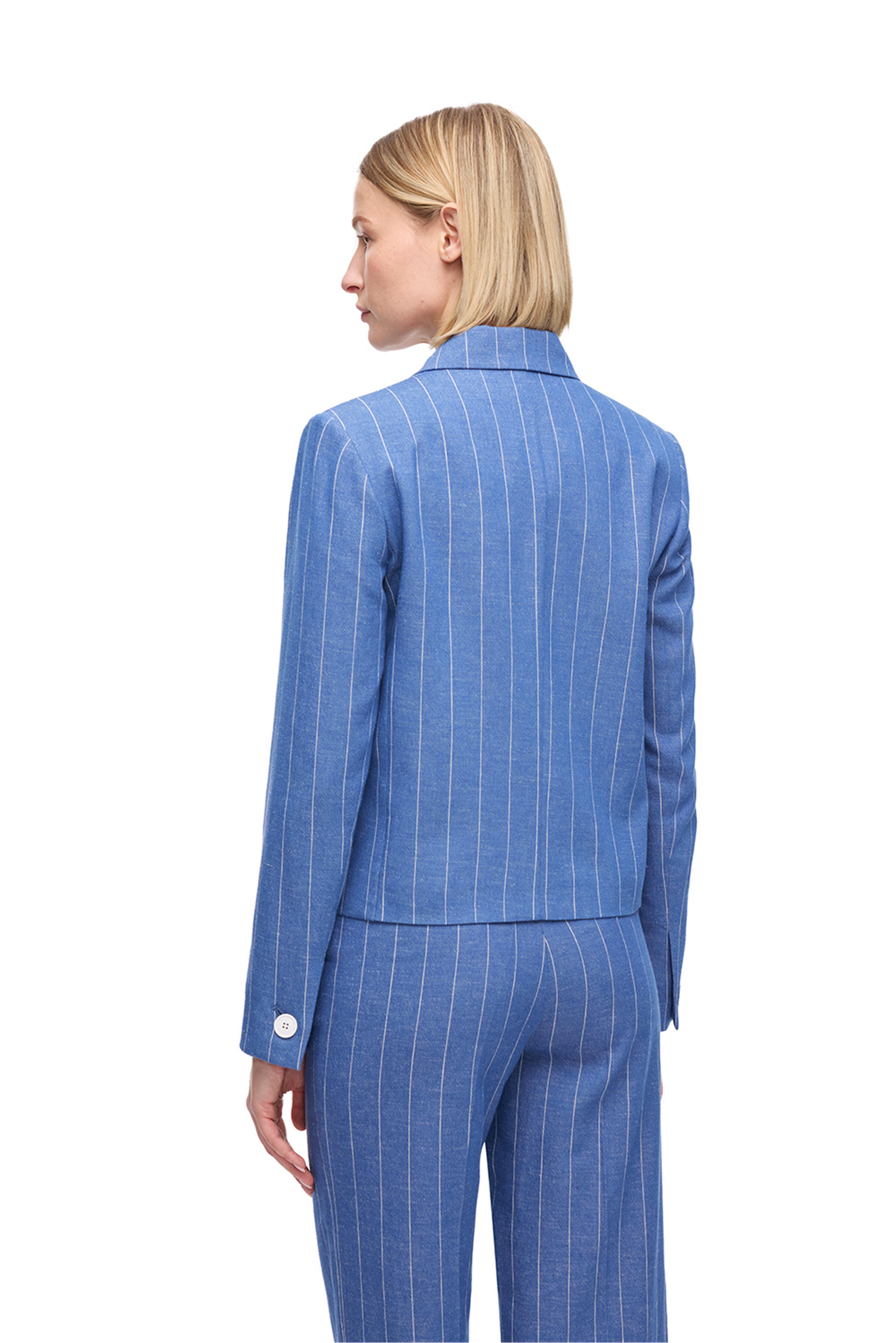 İndigo Pamuk Keten Karışımlı Çizgili Ceket