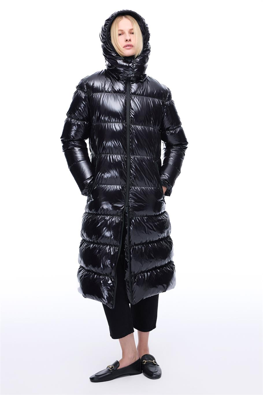 Jayas Regular Fit Midi Boy Takma Kol Yarım Dik Yaka Siyah Renk Kadın Mont
