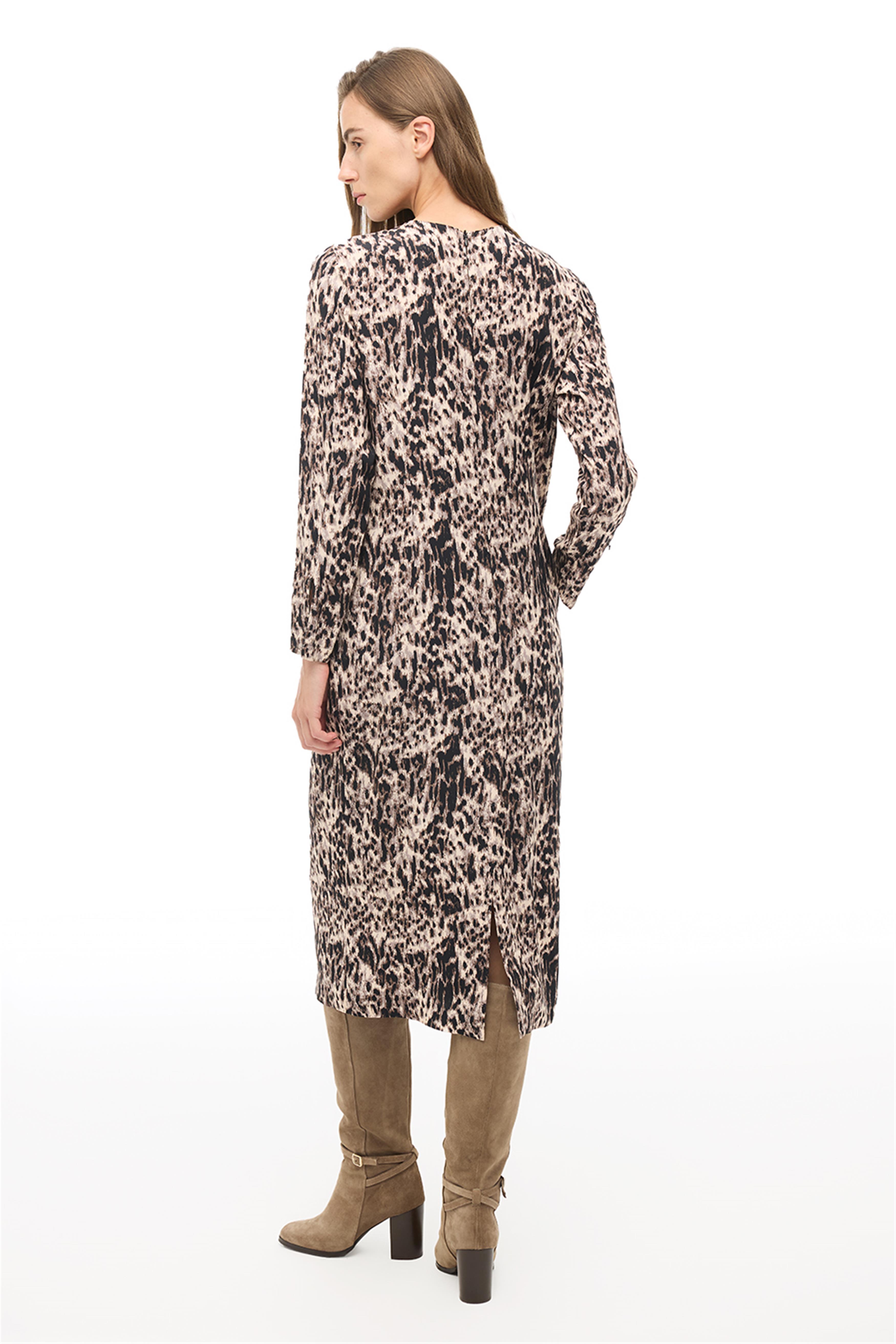 Kahverengi Bisiklet Yaka Leopar Midi Elbise