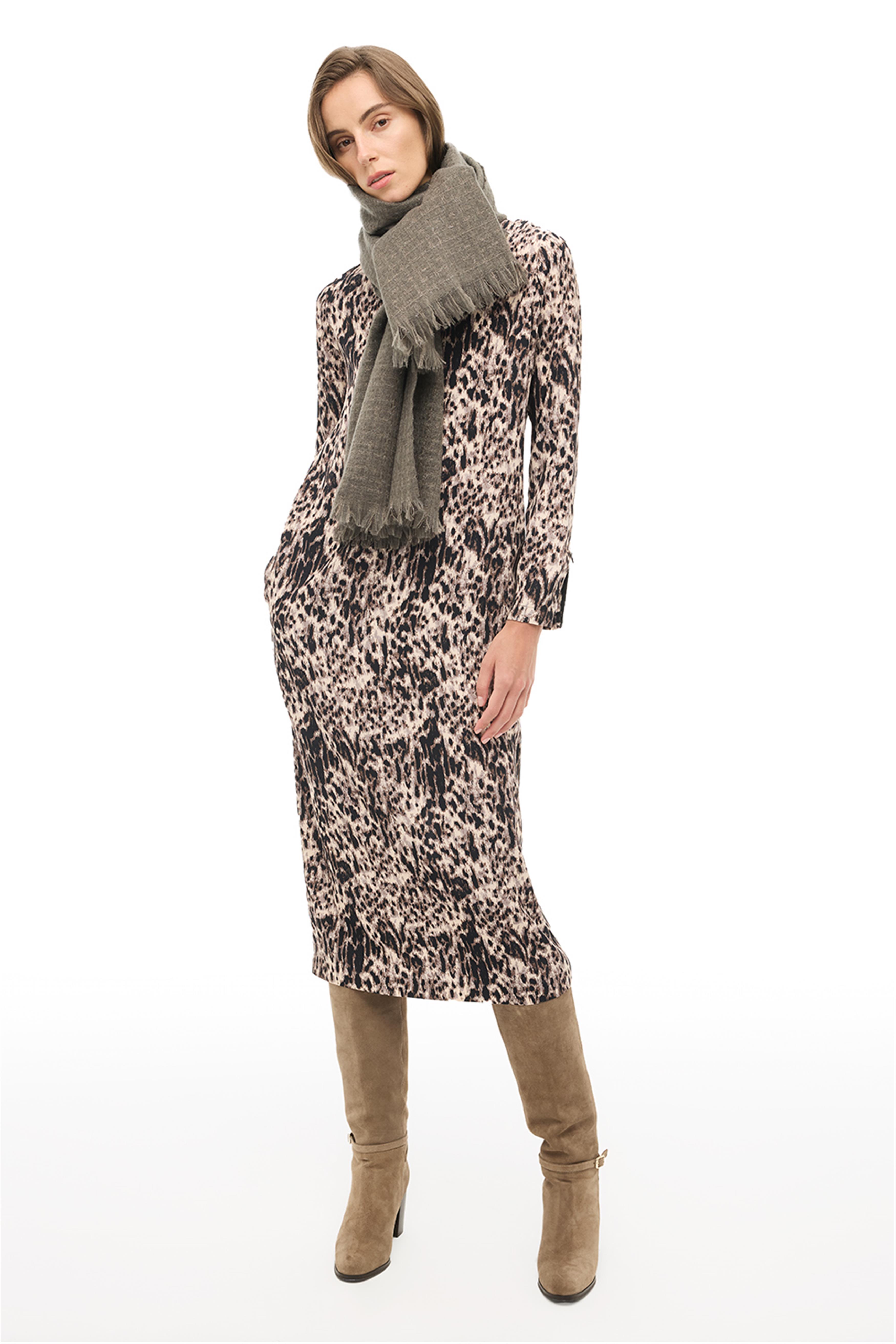 Kahverengi Bisiklet Yaka Leopar Midi Elbise