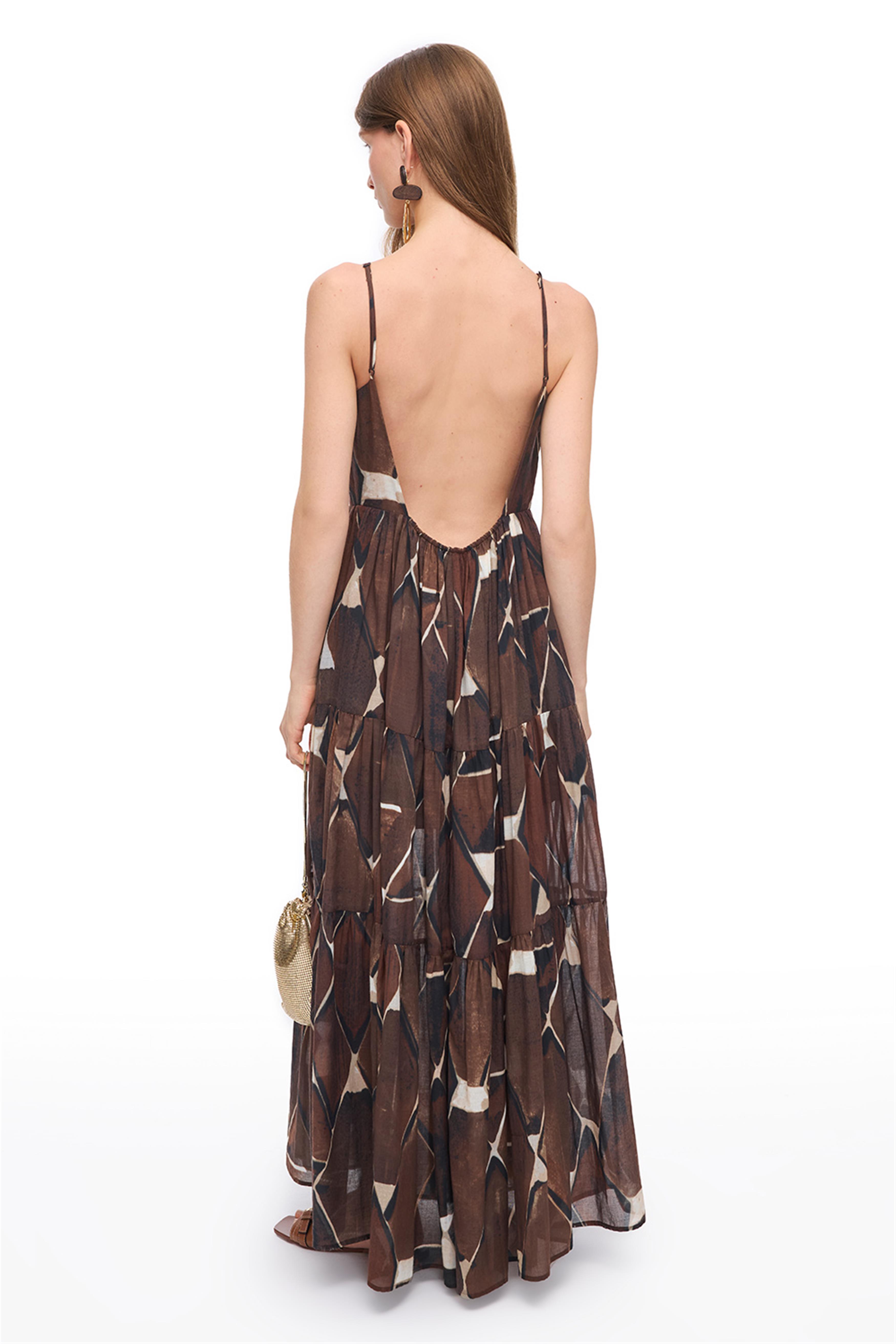 Kahverengi Geometrik Desenli Pamuklu Uzun Askılı Elbise