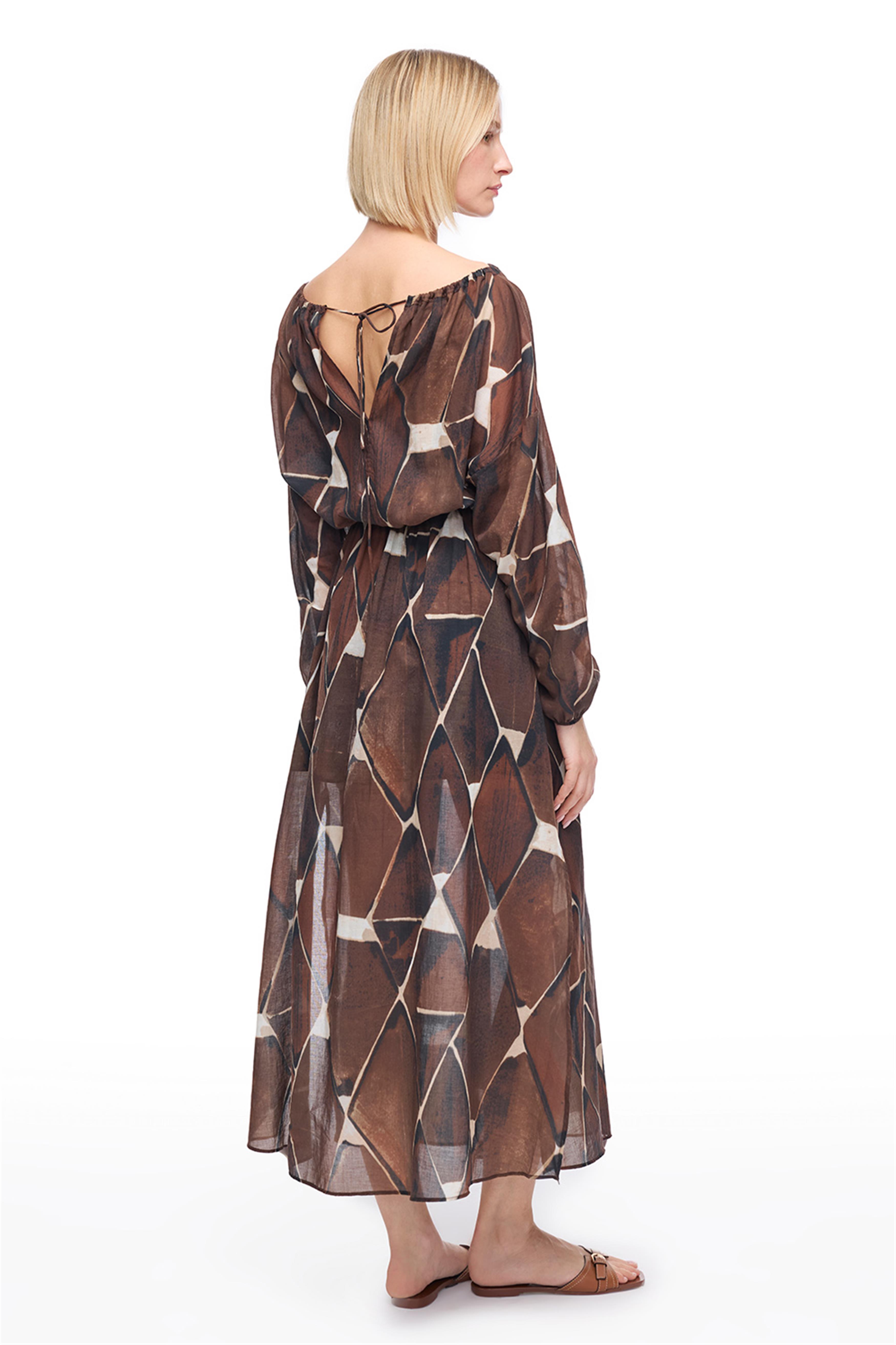 Kahverengi Geometrik Desenli Uzun Elbise