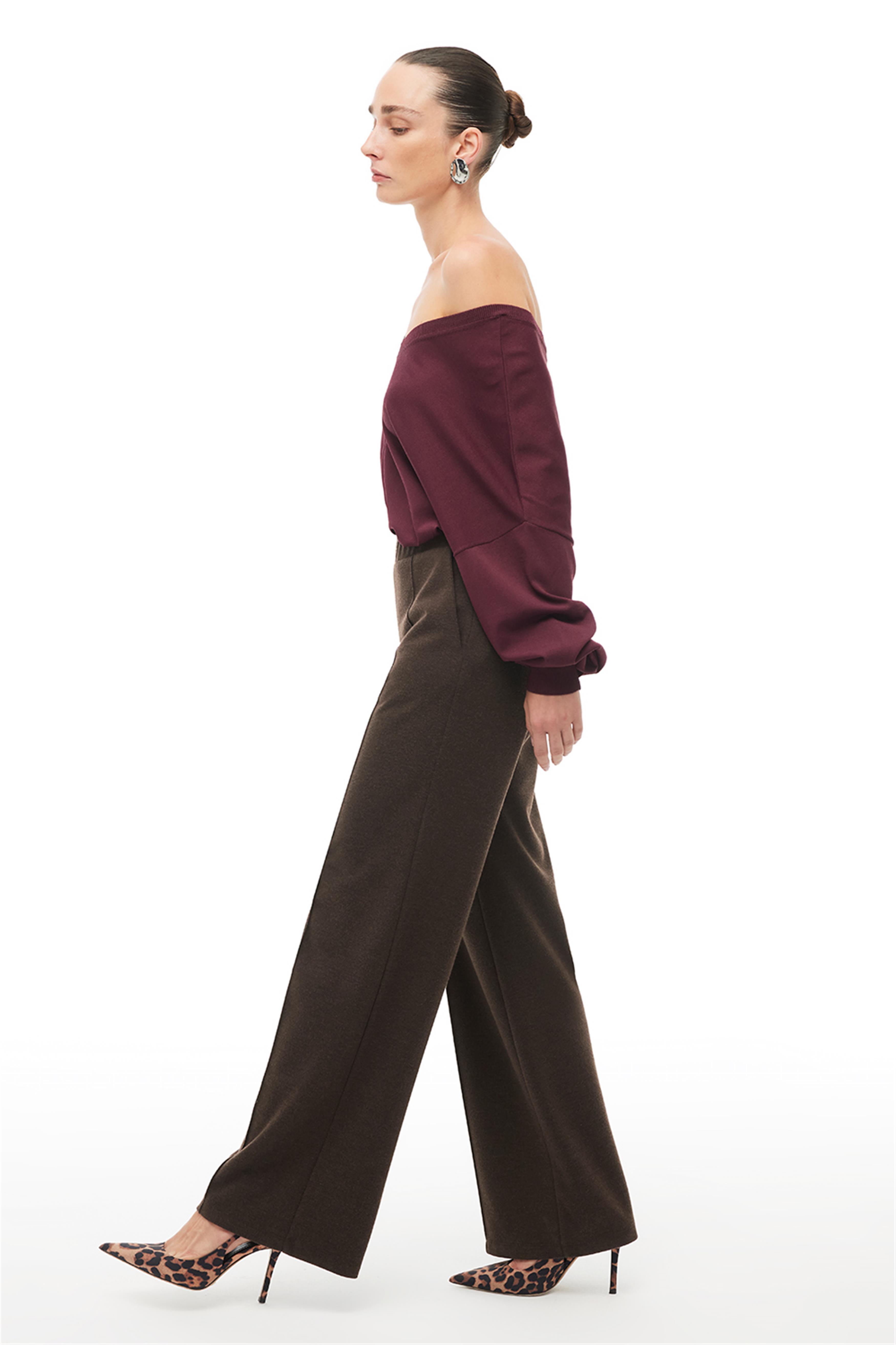 Kahverengi Yüksek Bel Geniş Paça Pantolon