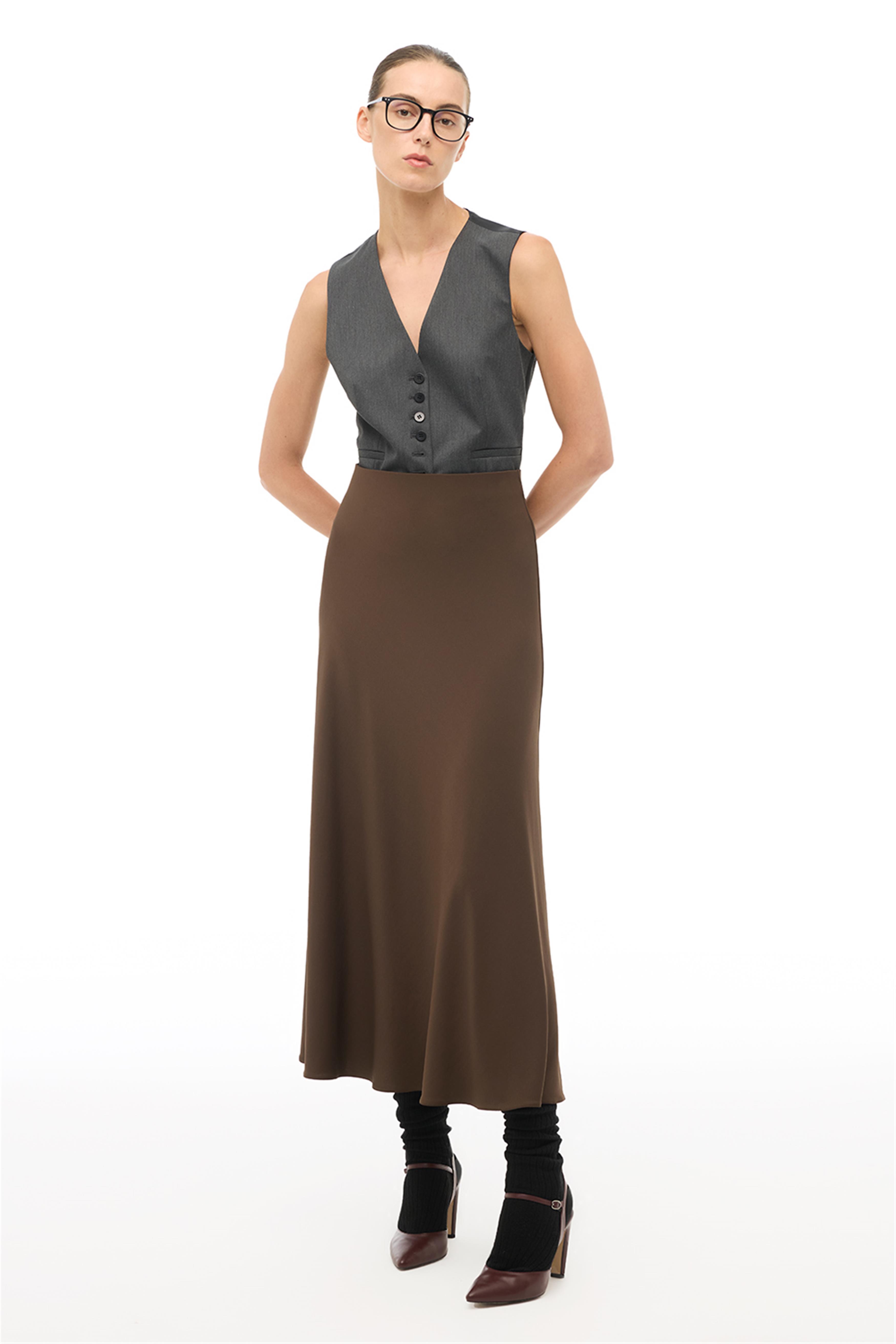 Kahverengi Yüksek Bel Midi Etek