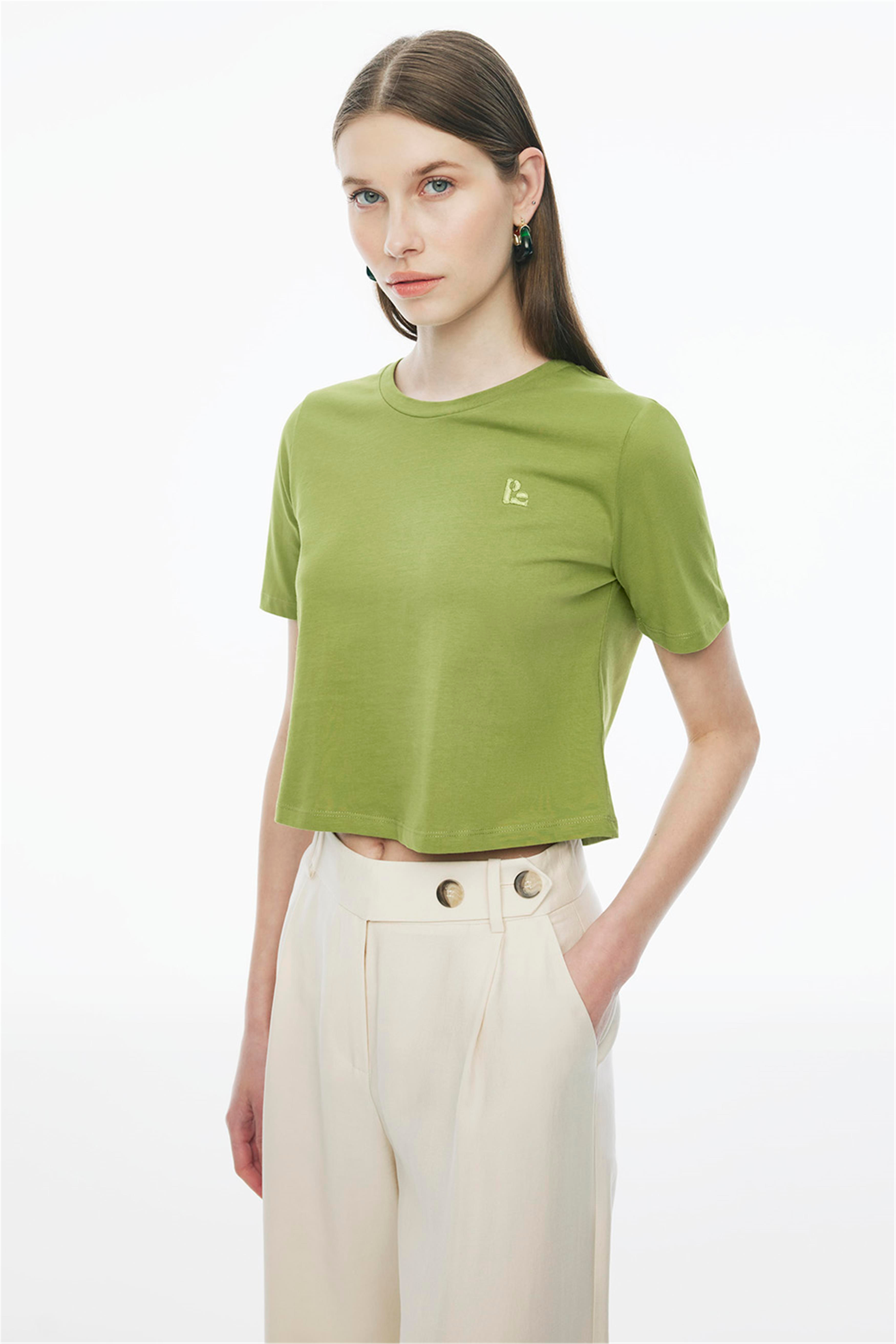 Kelins Regular Fit Crop Boy Bisiklet Yaka Açık Yeşil Renk Kadın Tişört