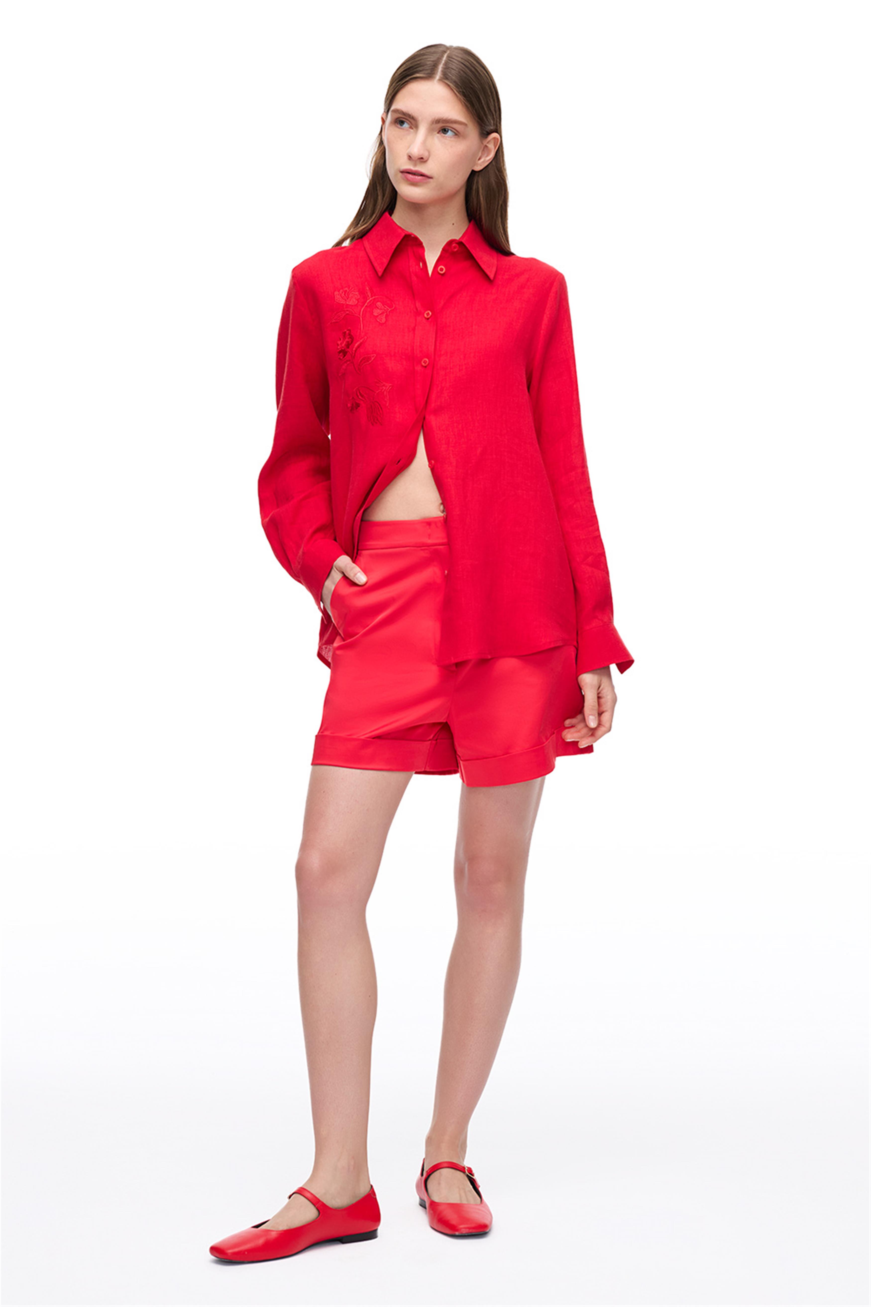 Kırmızı Düşük Omuzlu Keten Gömlek