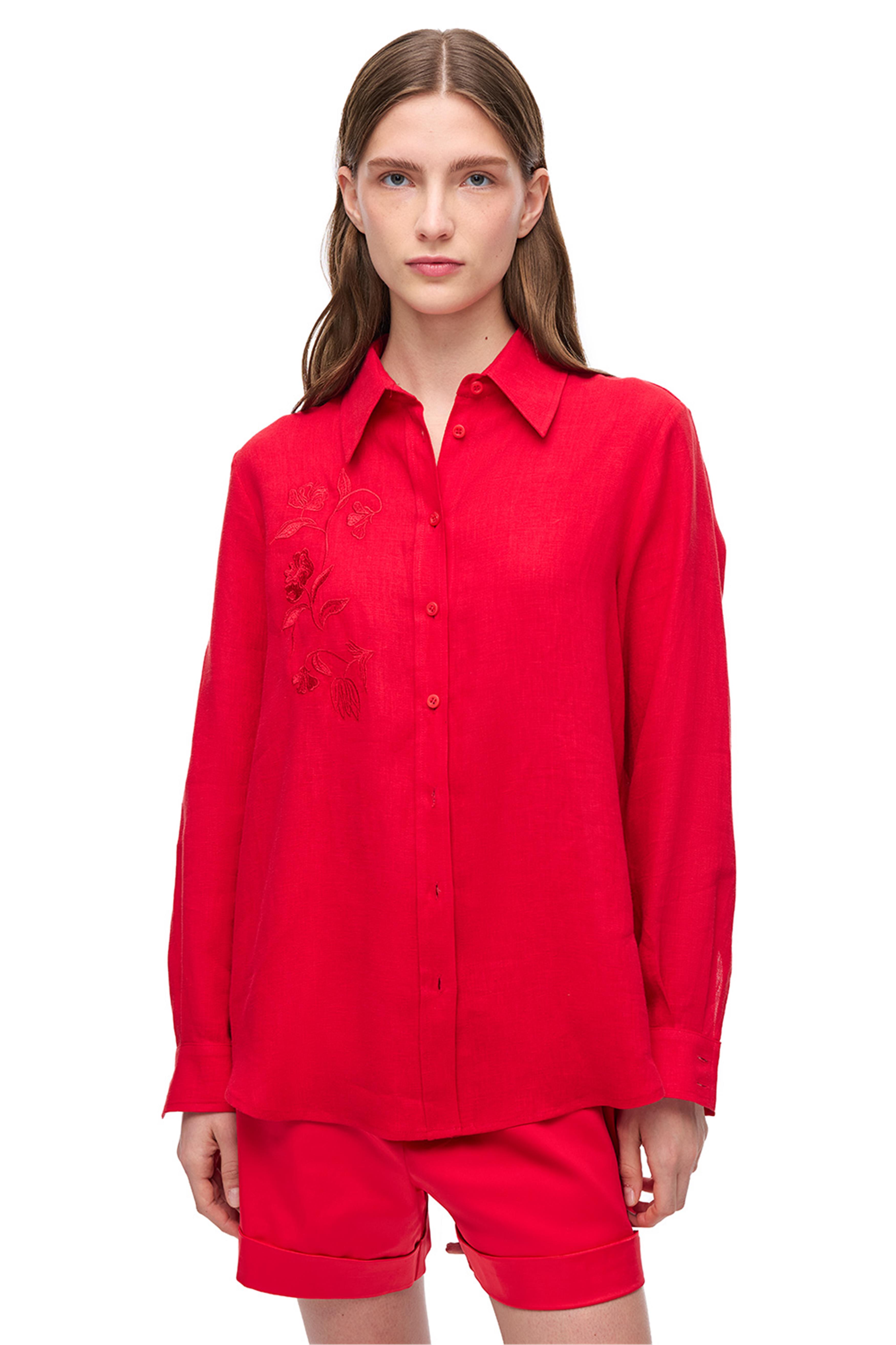 Kırmızı Düşük Omuzlu Keten Gömlek