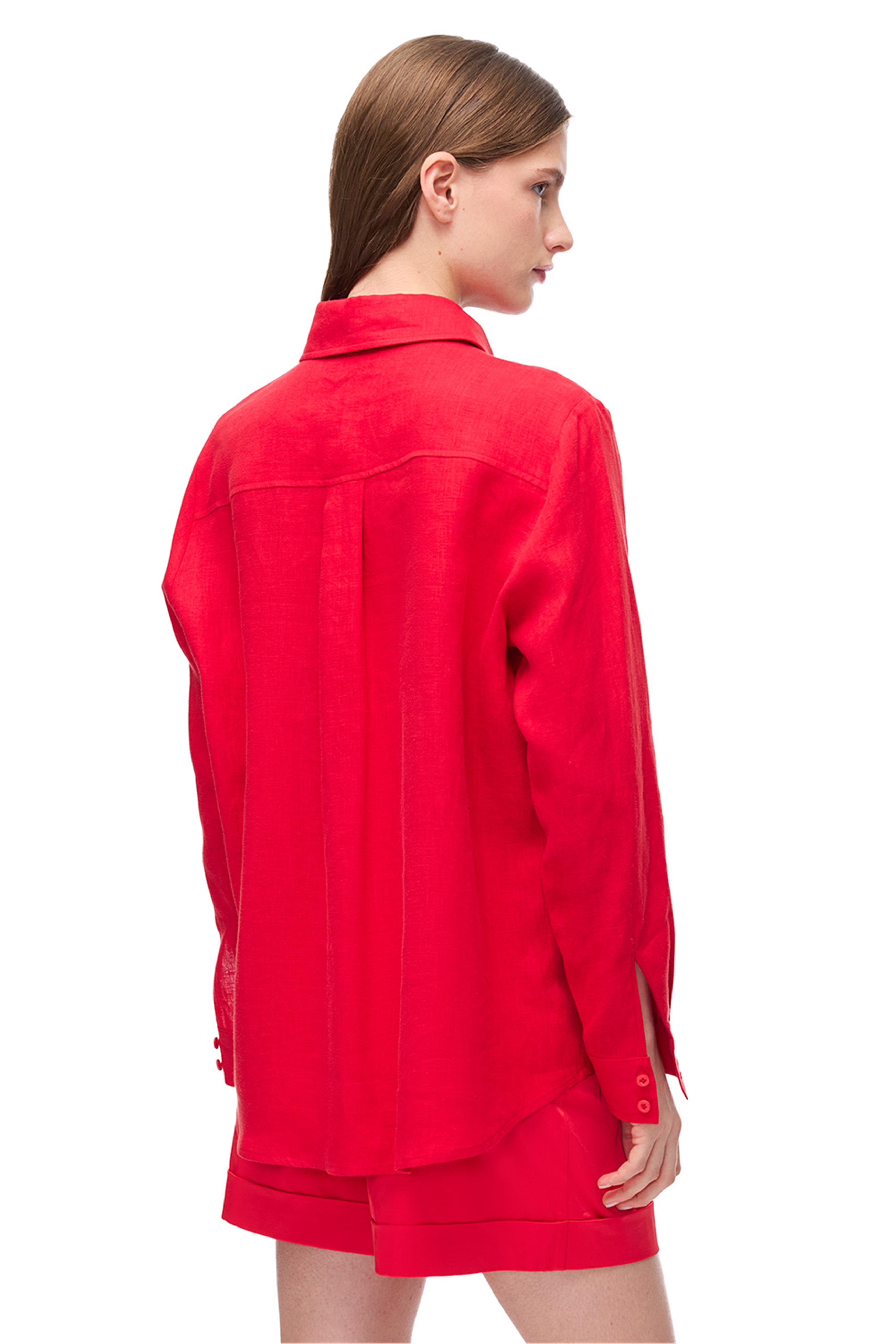 Kırmızı Düşük Omuzlu Keten Gömlek