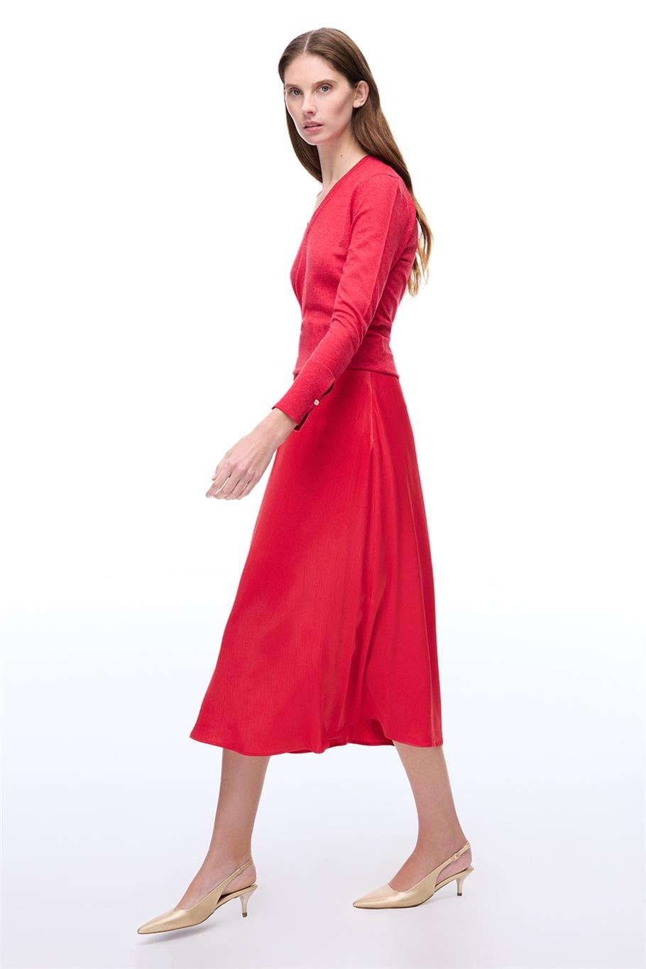 Kırmızı Yüksek Bel Bilek Boy Etek