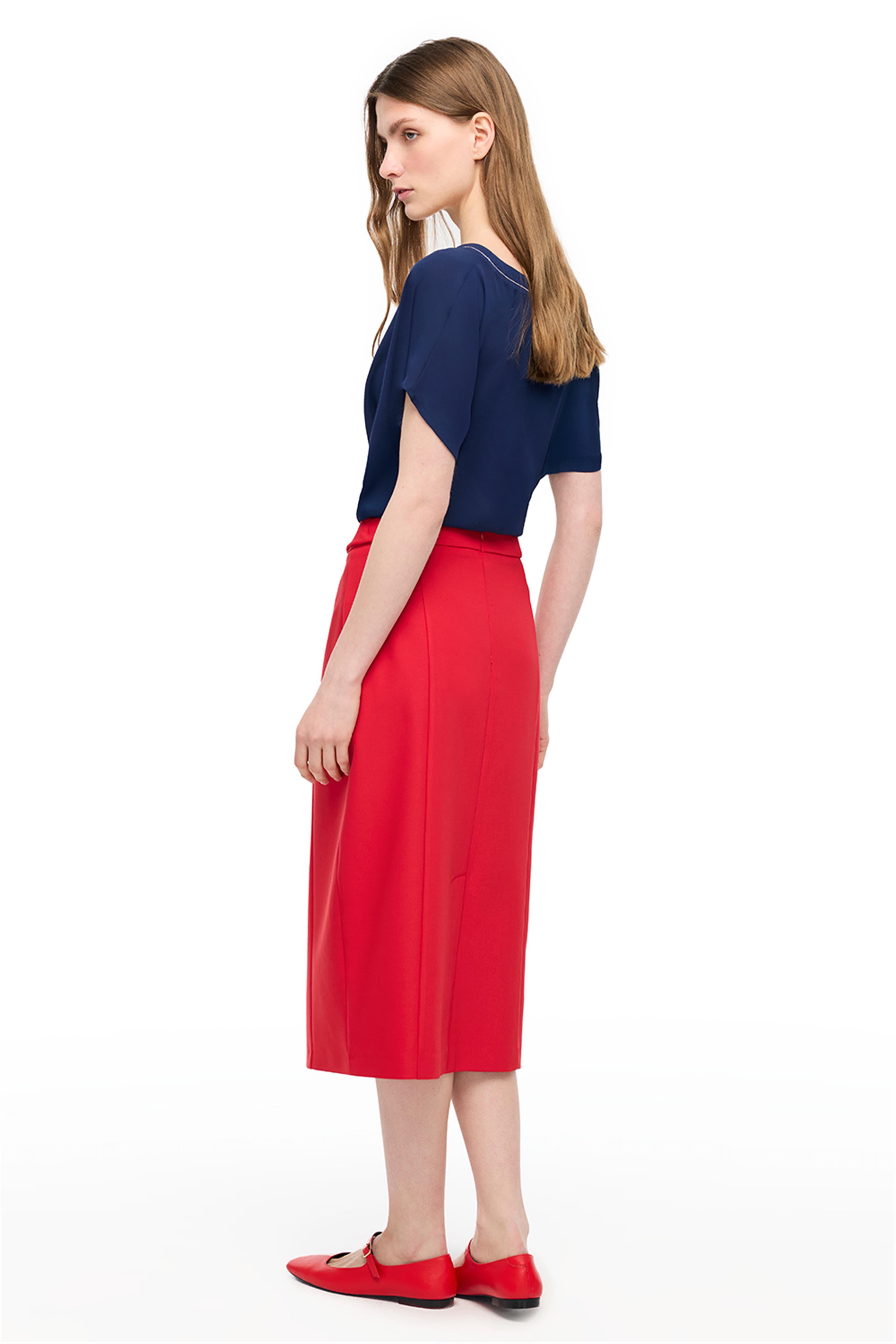 Kırmızı Yüksek Bel Kalem Etek