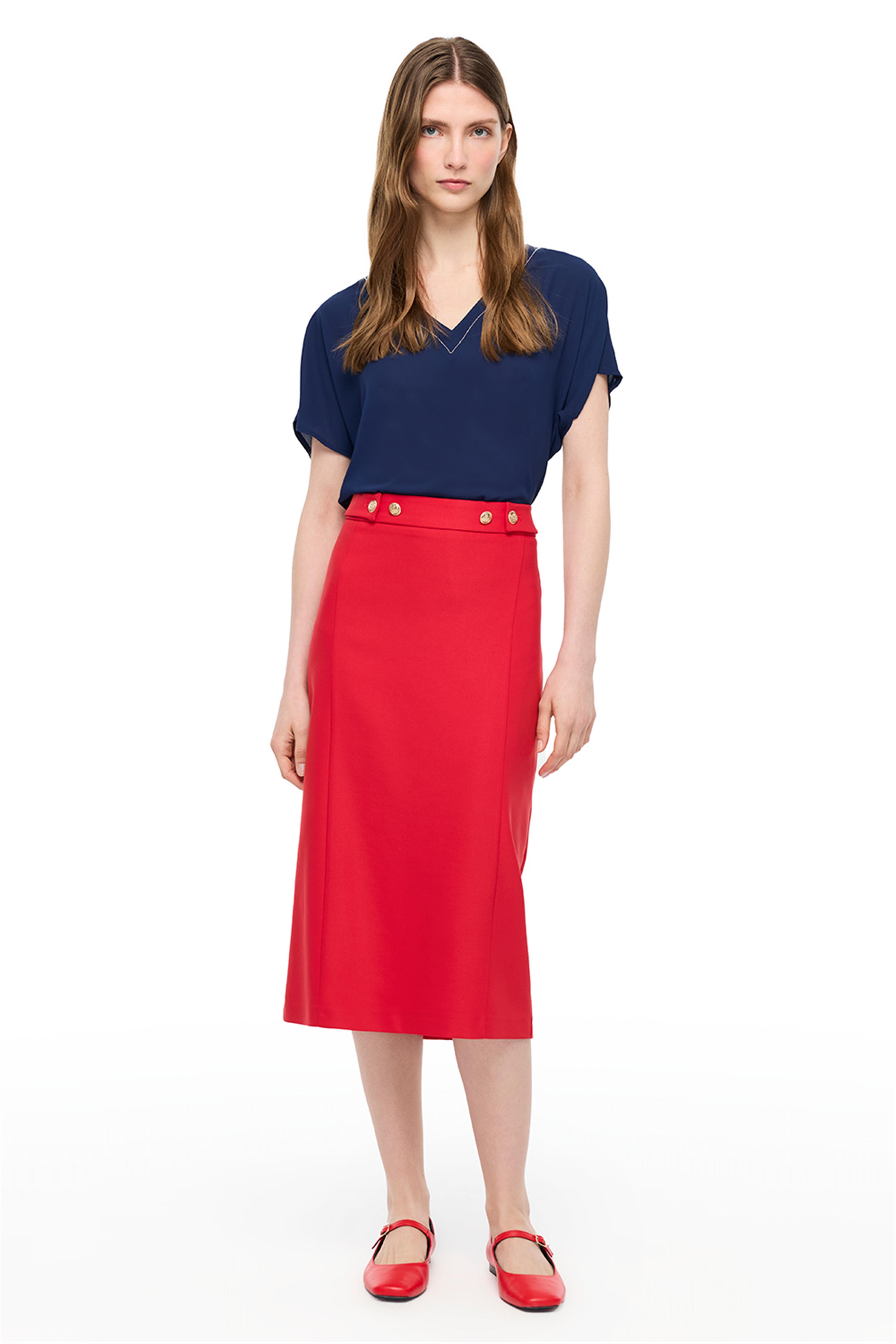 Kırmızı Yüksek Bel Kalem Etek