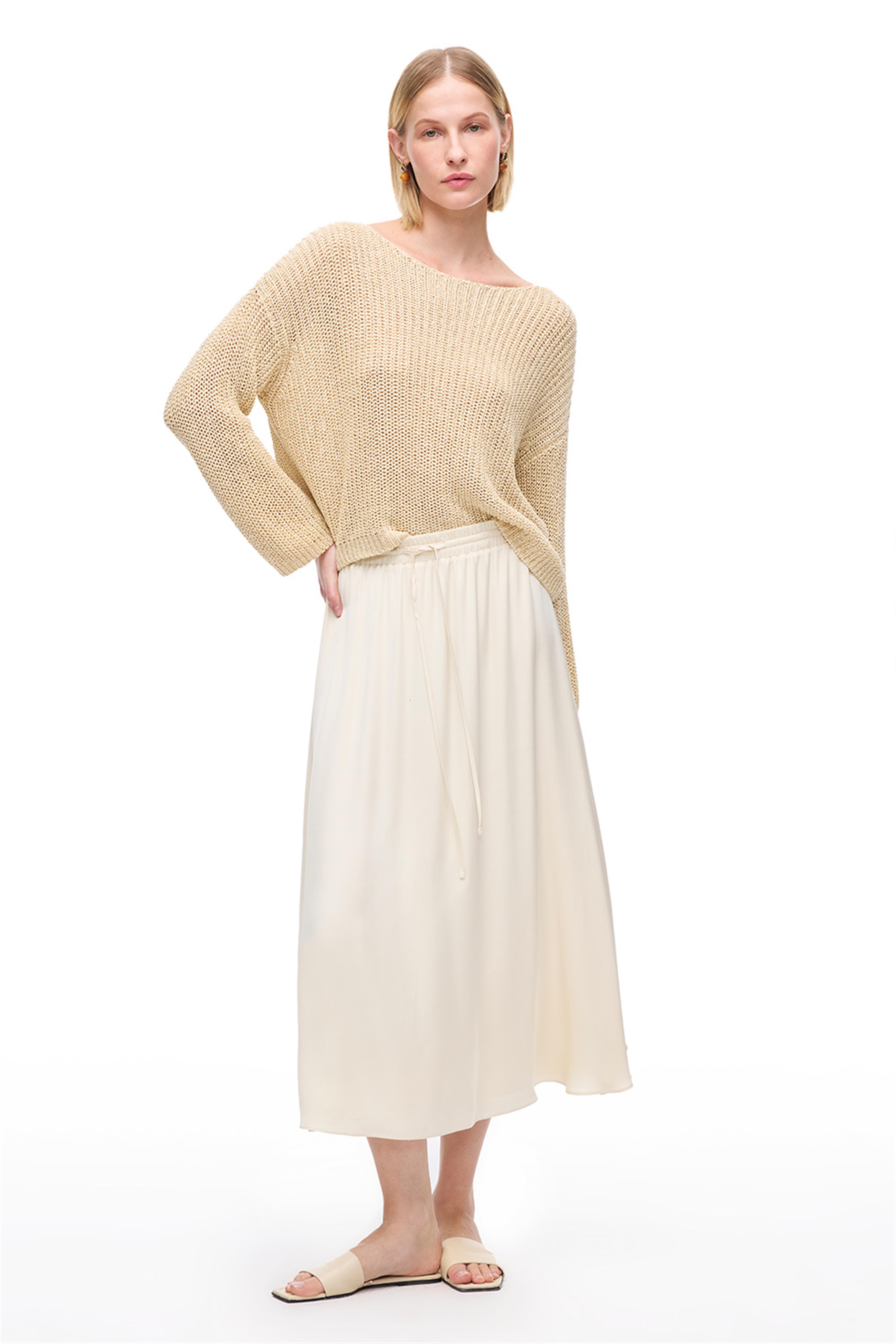 Krem Apatit Rahat Kalıp Yüksek Bel Diz Altı Etek