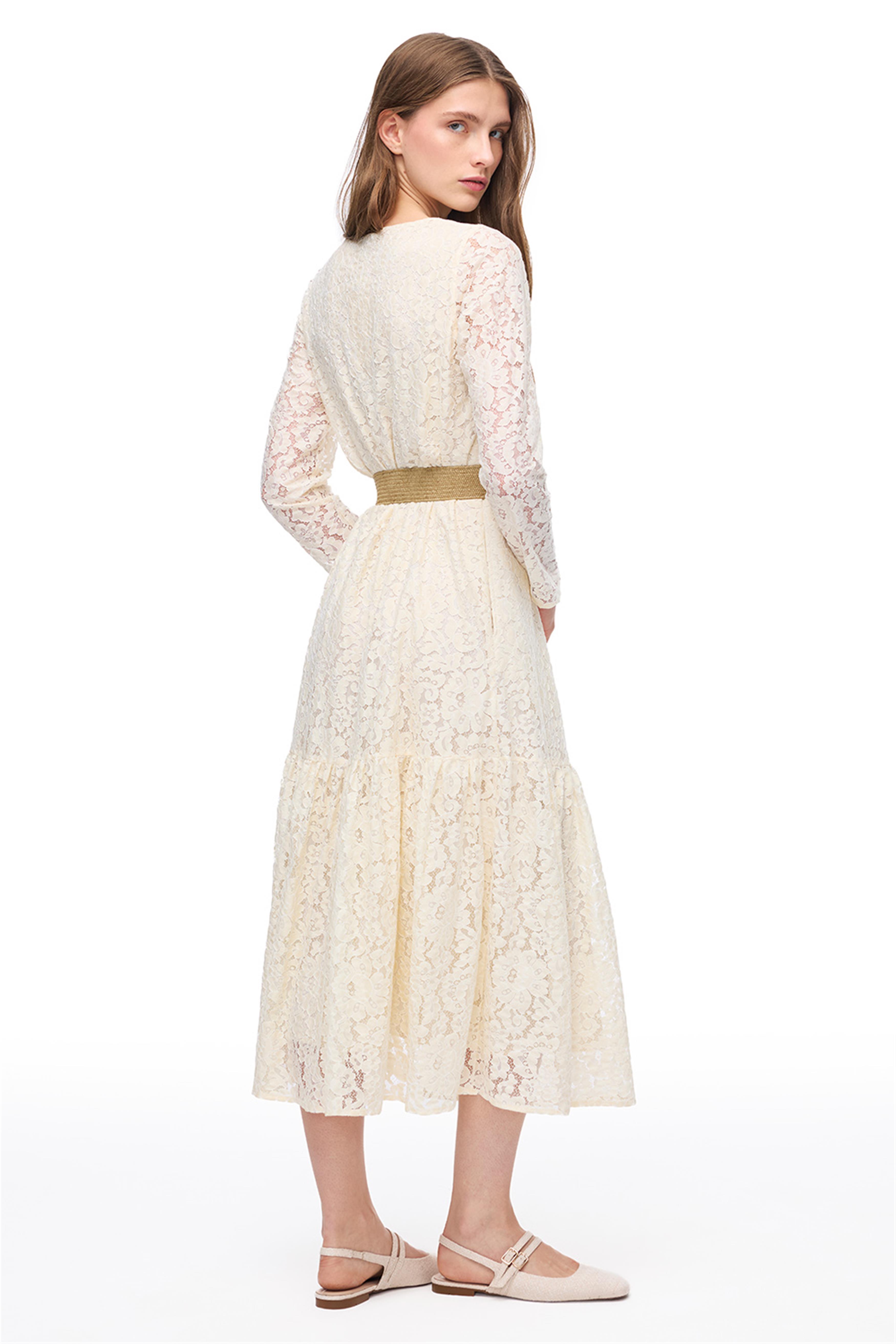 Krem Çiçek Desenli Uzun Kollu Elbise