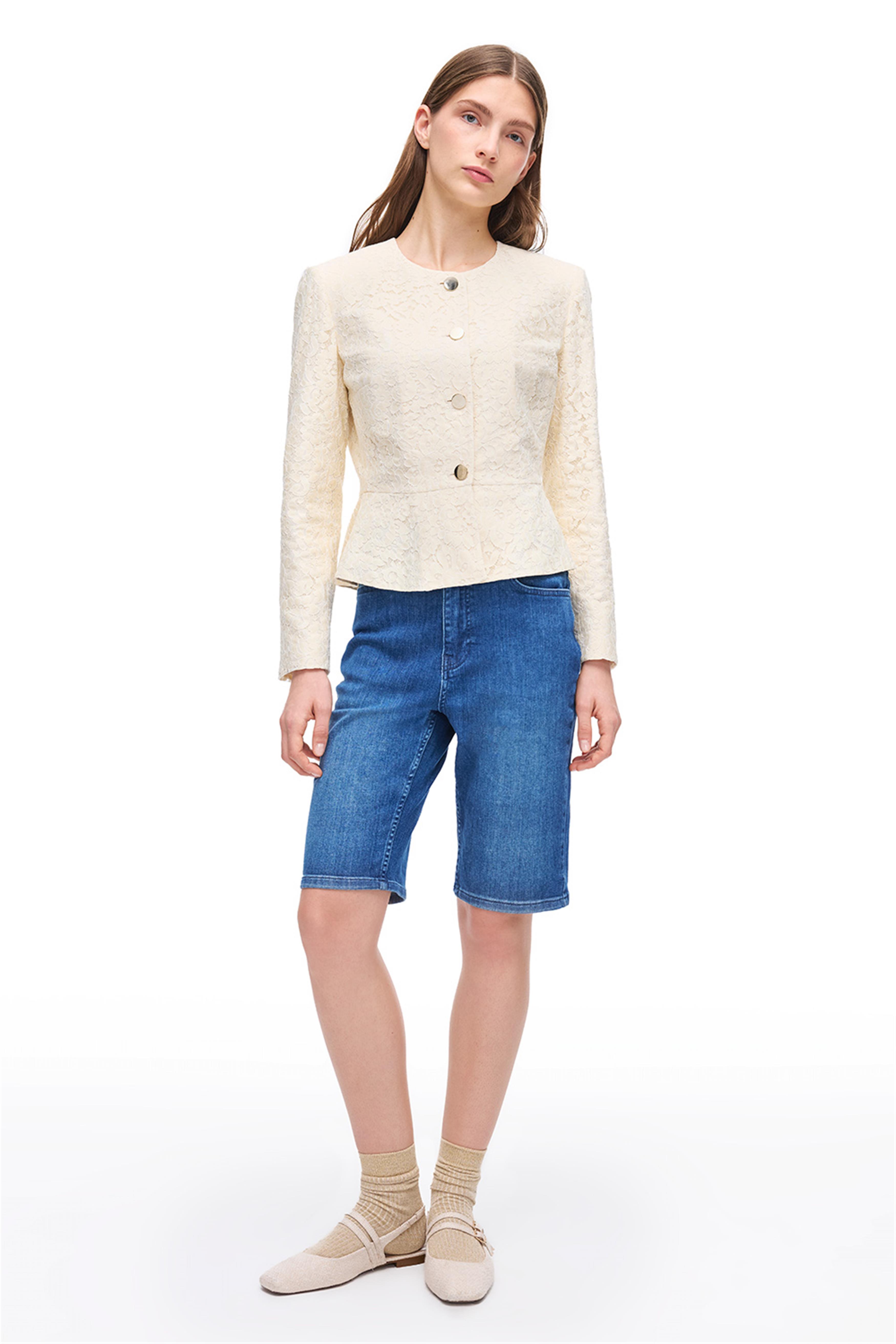 Krem Çiçek Desenli Uzun Kollu Pamuklu Ceket