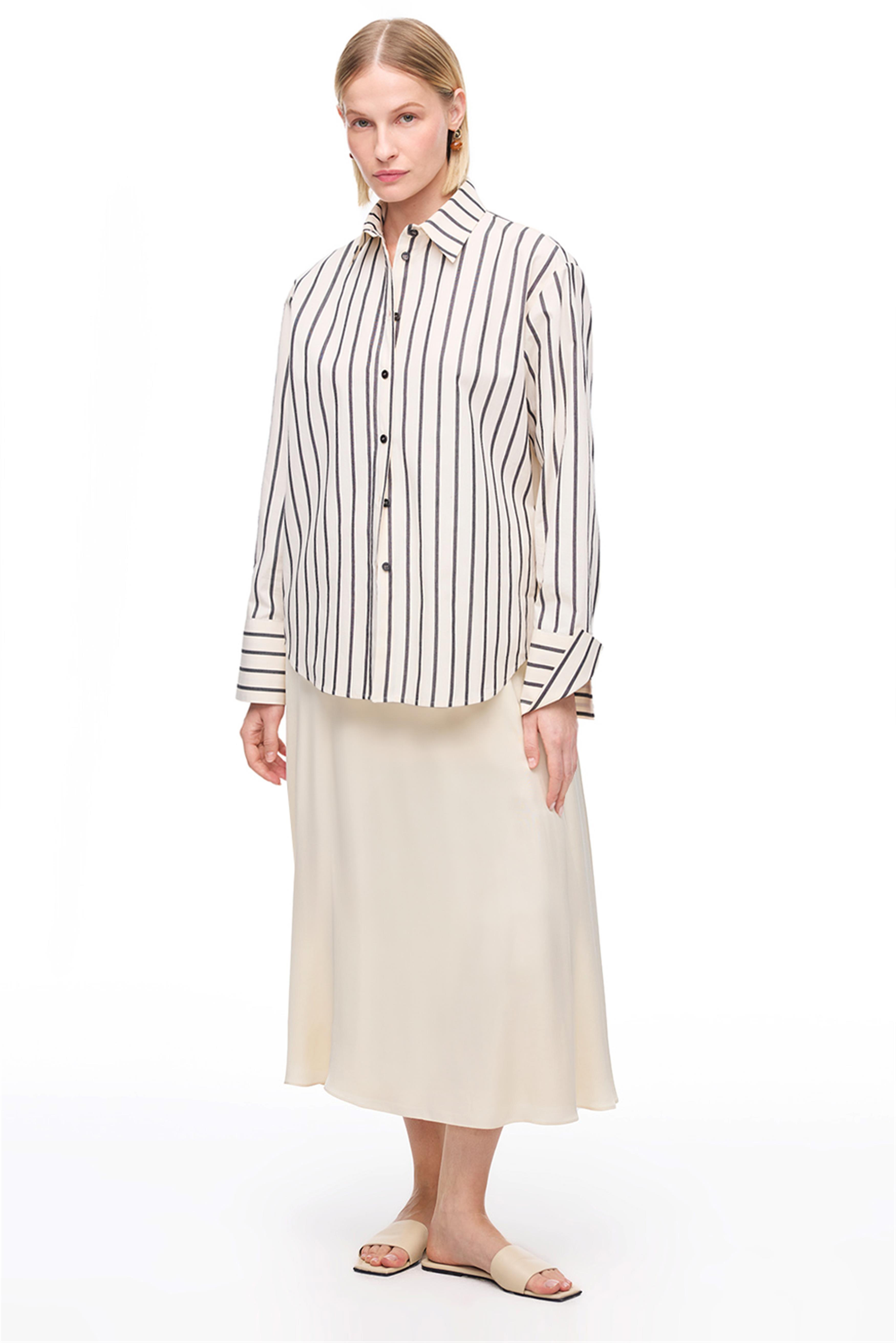 Krem Düşük Kollu Pamuklu Çizgili Gömlek