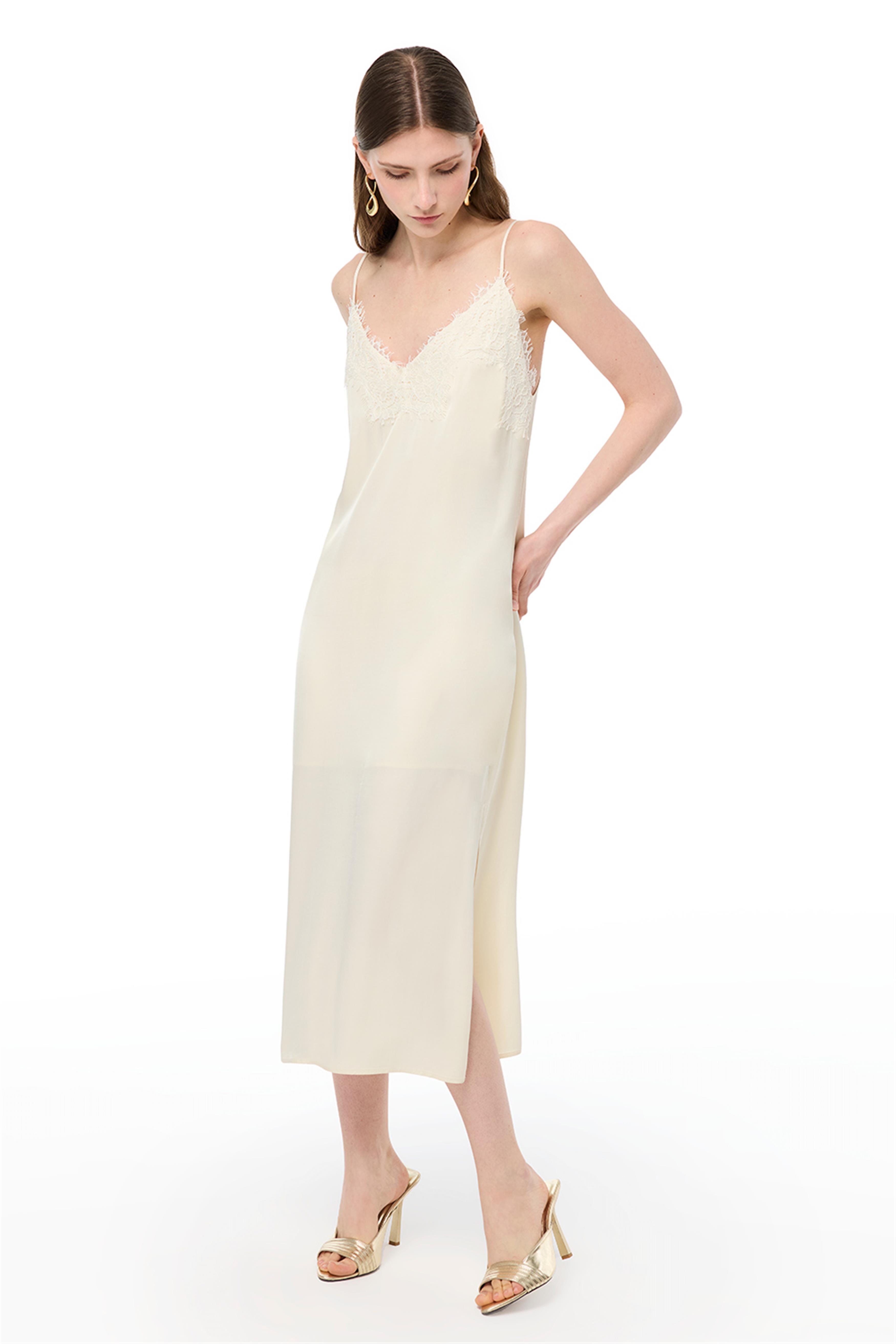 Krem V-Yaka Fermuarlı Diz Altı Elbise