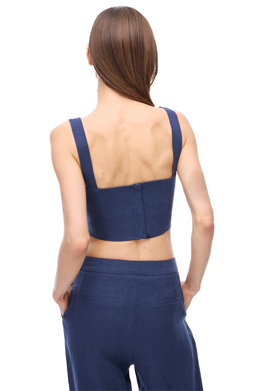 Lacivert %100 Keten V Yaka Askılı Crop Bluz