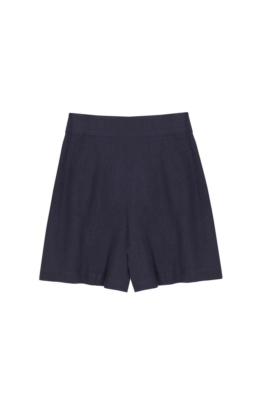 Lacivert %100 Keten Yüksek Bel Straight Leg Şort
