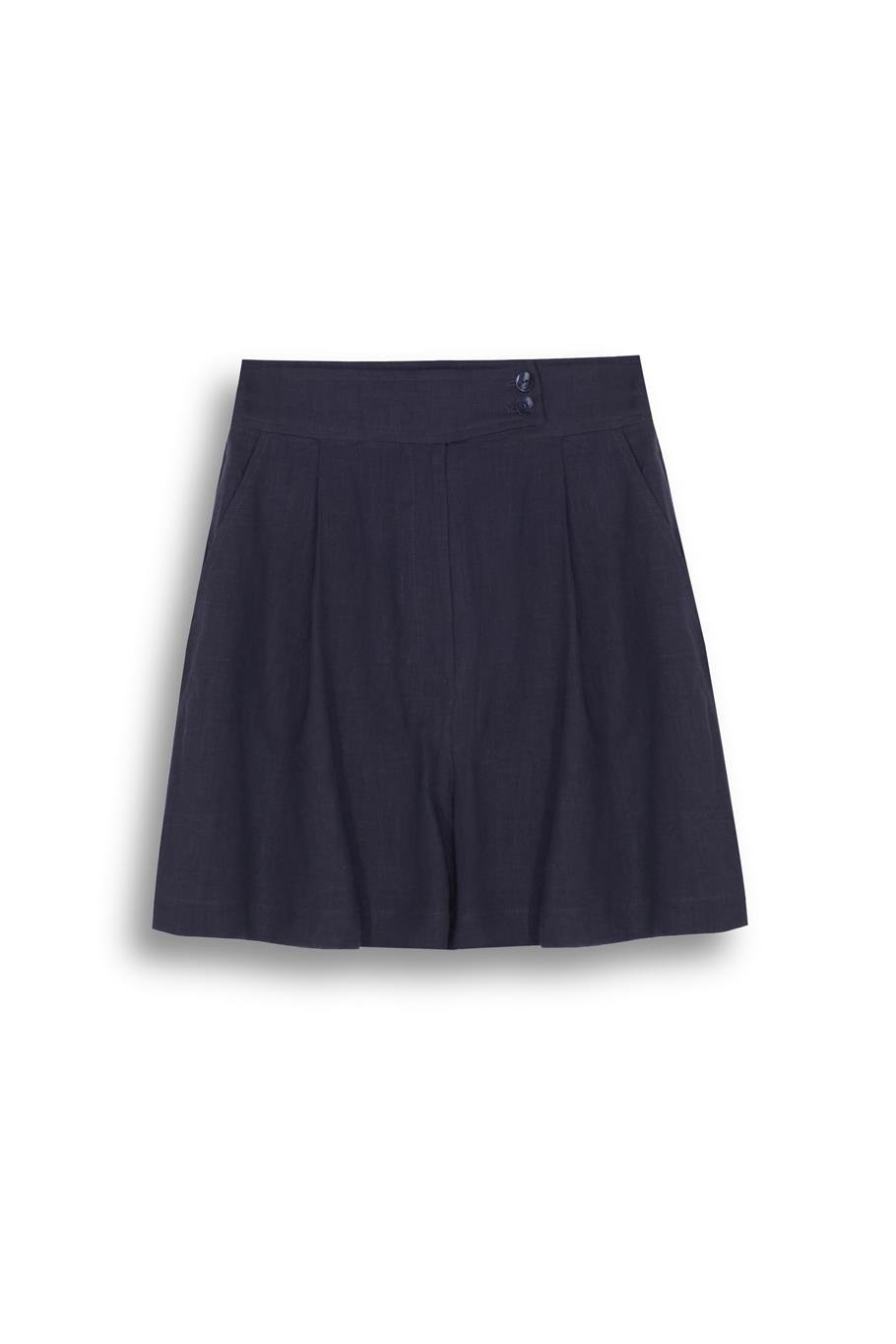 Lacivert %100 Keten Yüksek Bel Straight Leg Şort