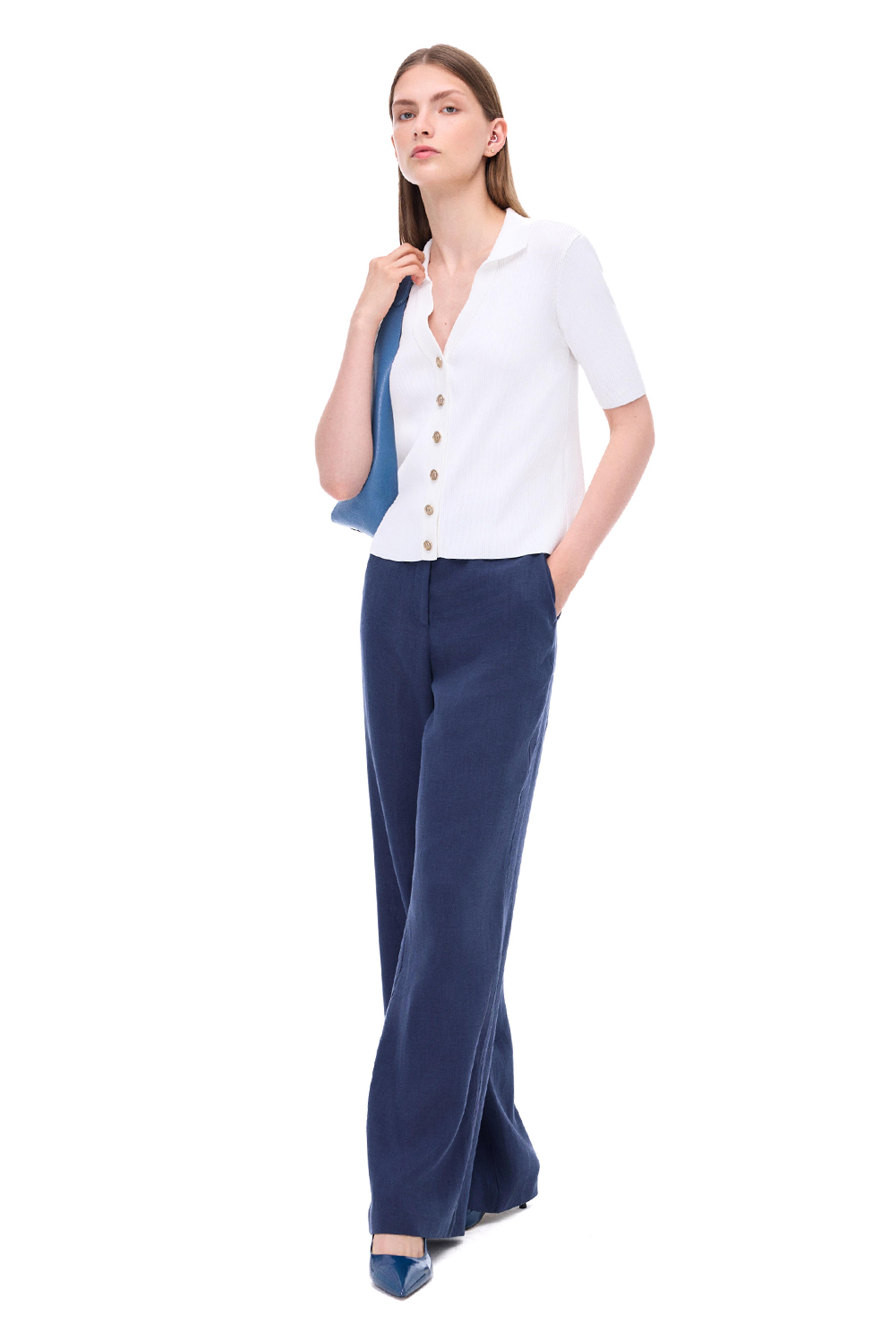 Lacivert %100 Keten Yüksek Bel Straight Leg Pantolon