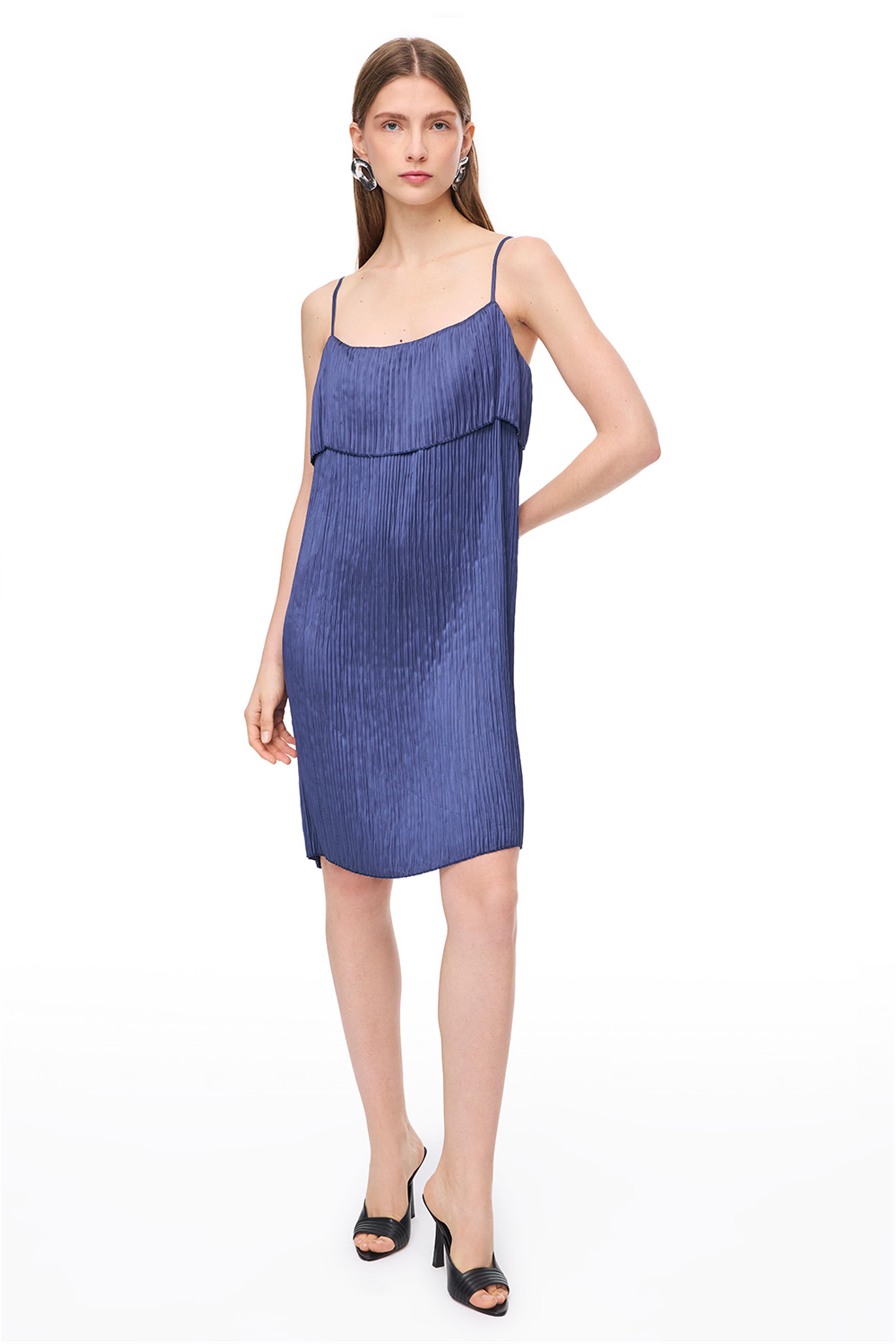 Lacivert Askılı Mini Polyester Elbise