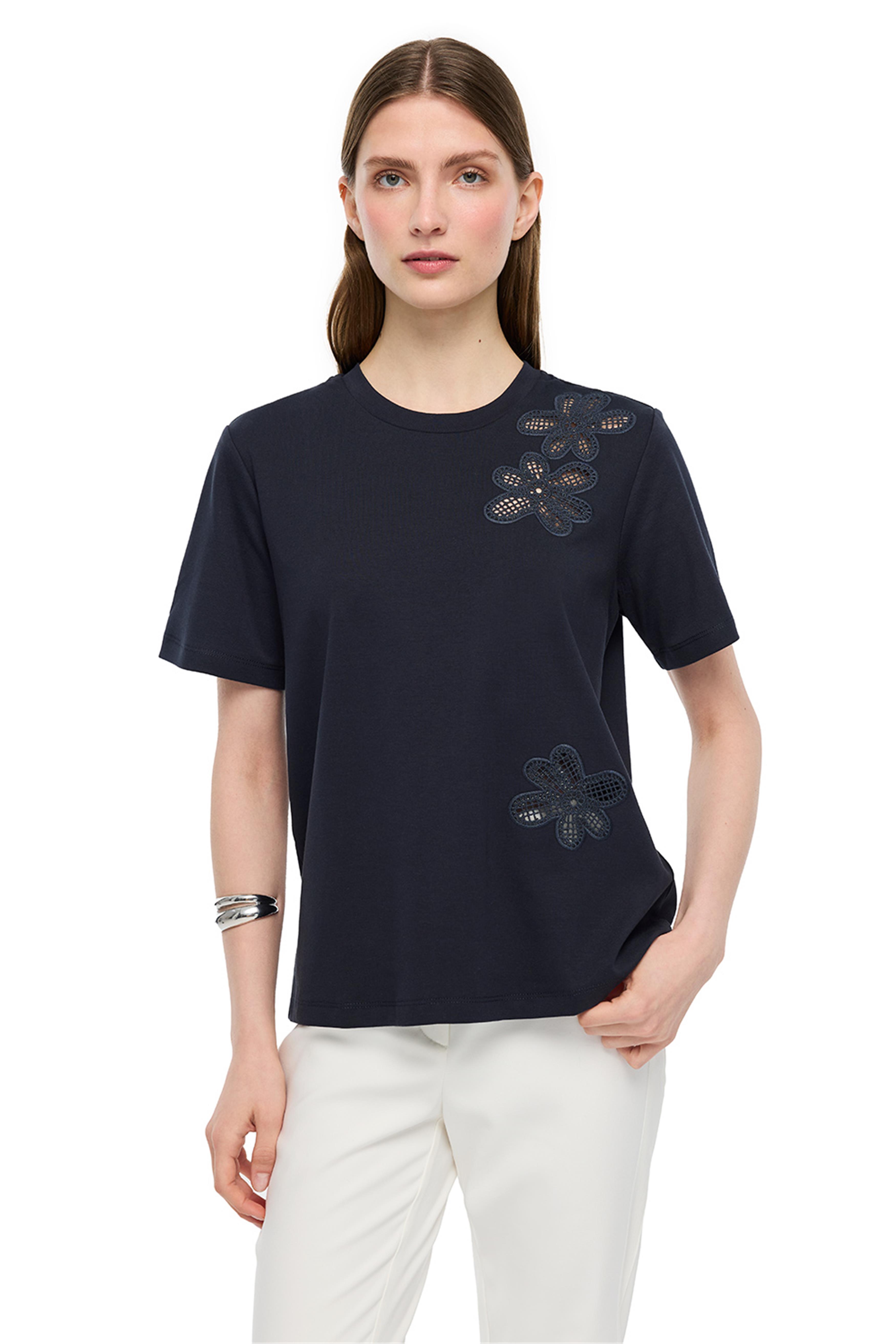 Lacivert Çizgili Bisiklet Yaka Pamuklu Tişört