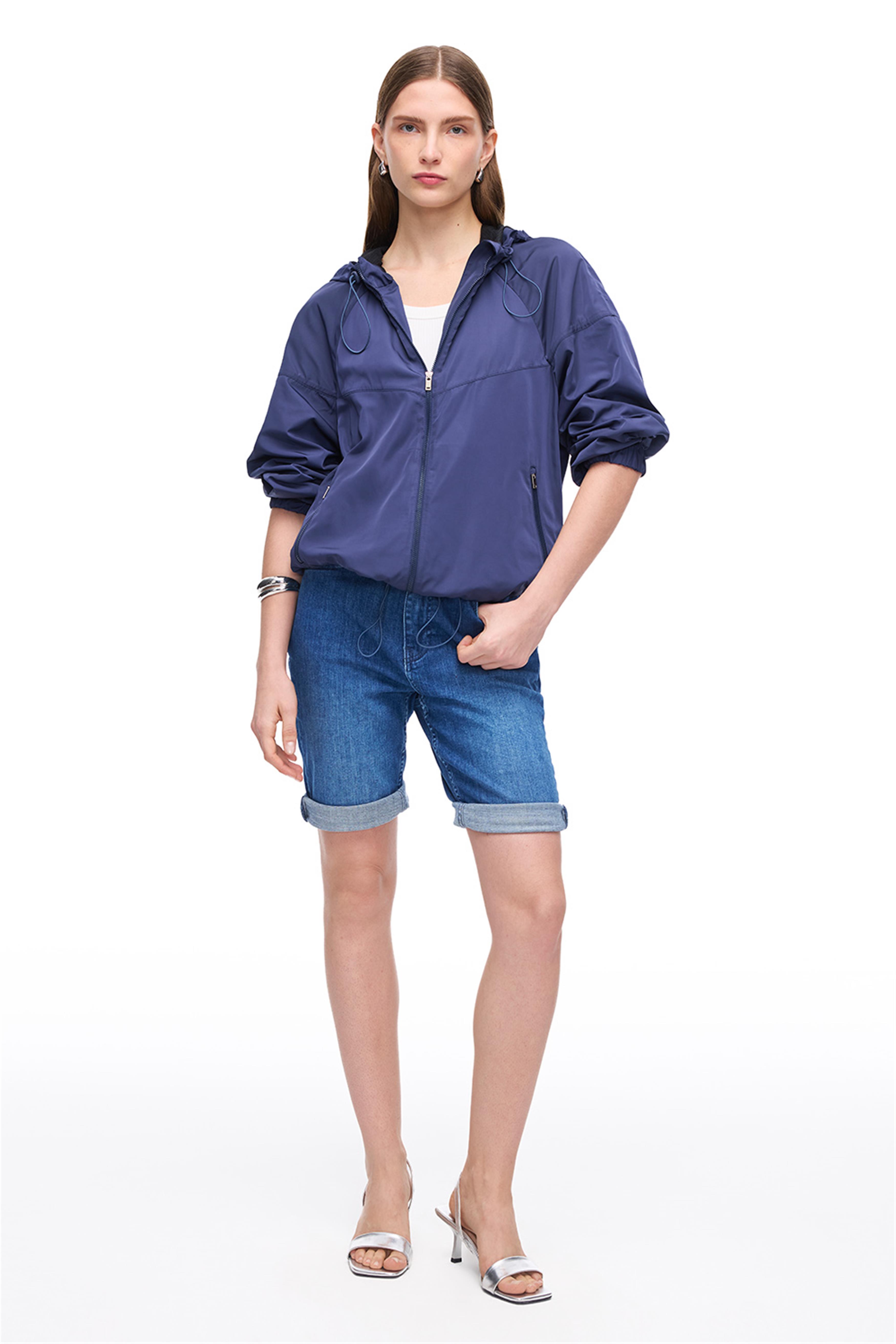 Lacivert Dik Yaka Fermuarlı Rahat Kalıp Mont