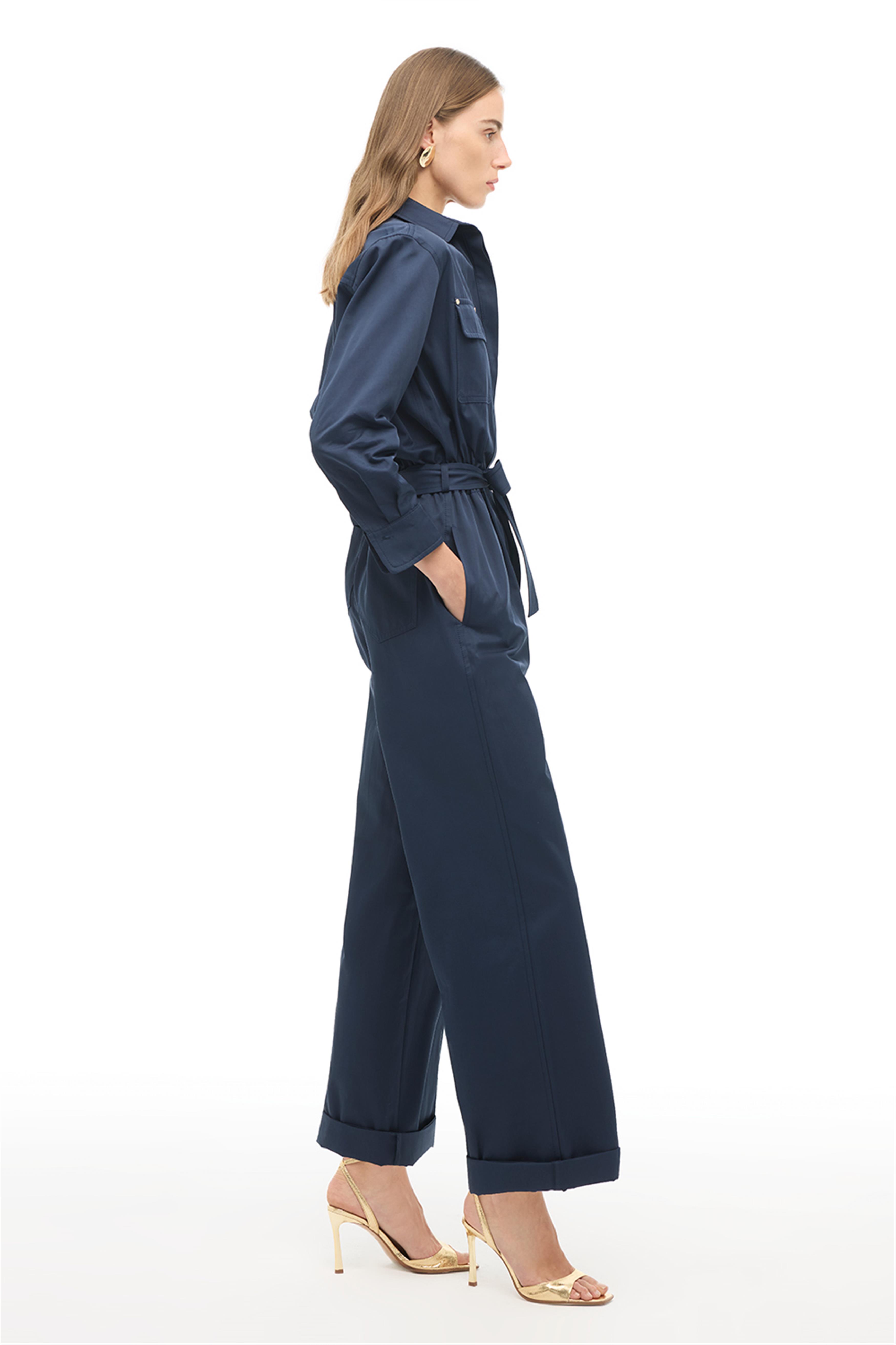 Lacivert Gömlek Yaka Boru Paça Tulum