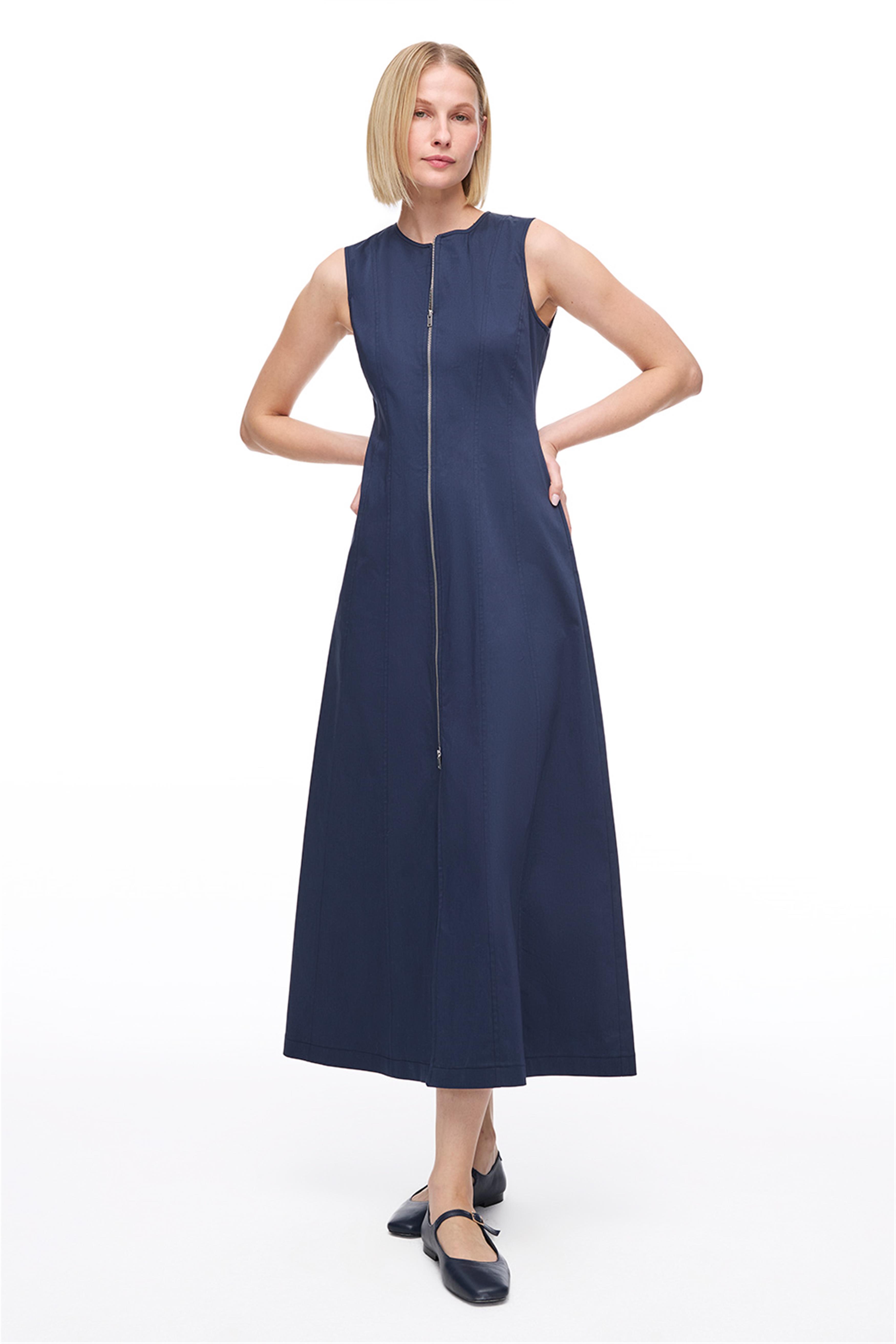Lacivert Keten Karışımlı Fermuarlı Uzun Elbise