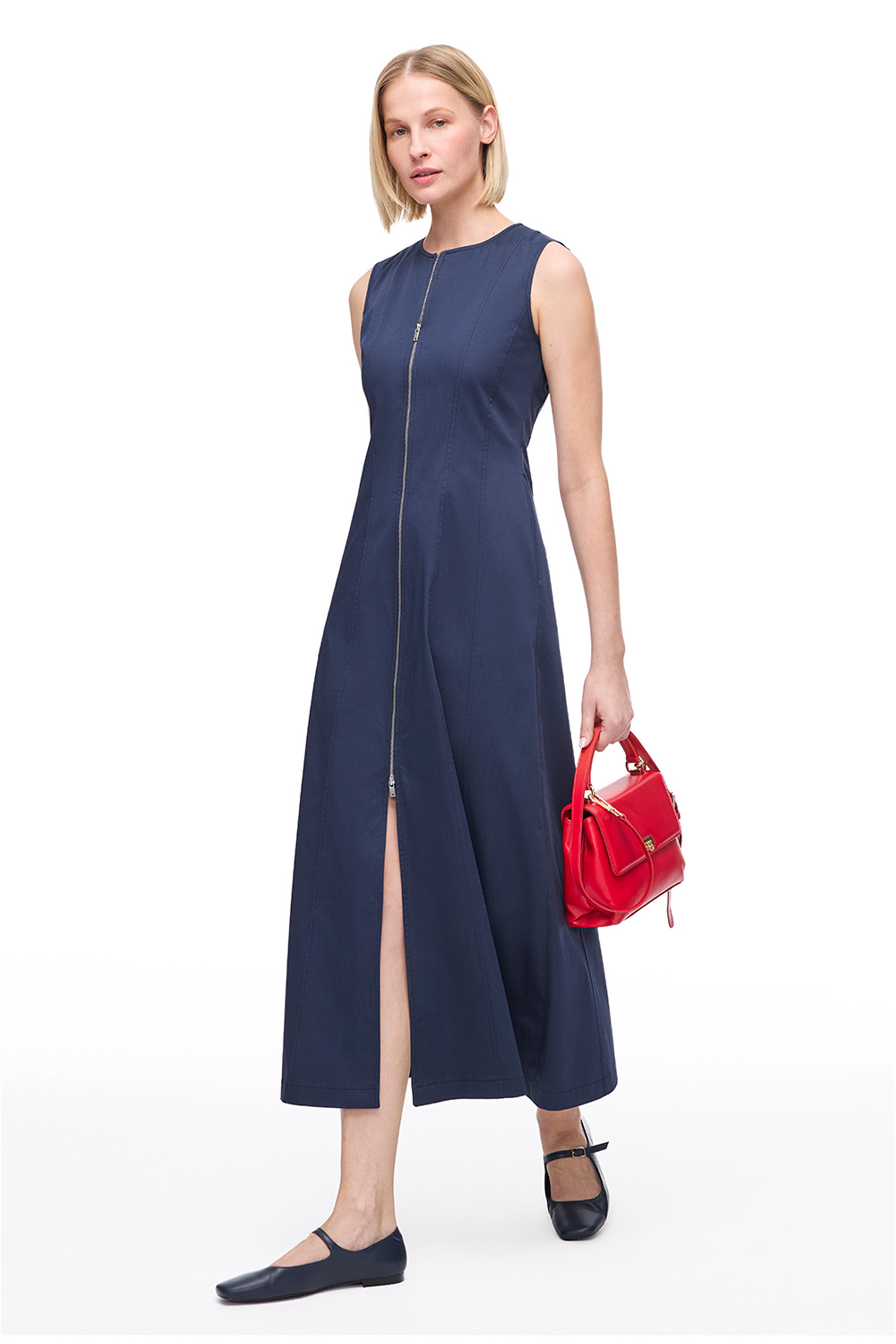 Lacivert Keten Karışımlı Fermuarlı Uzun Elbise