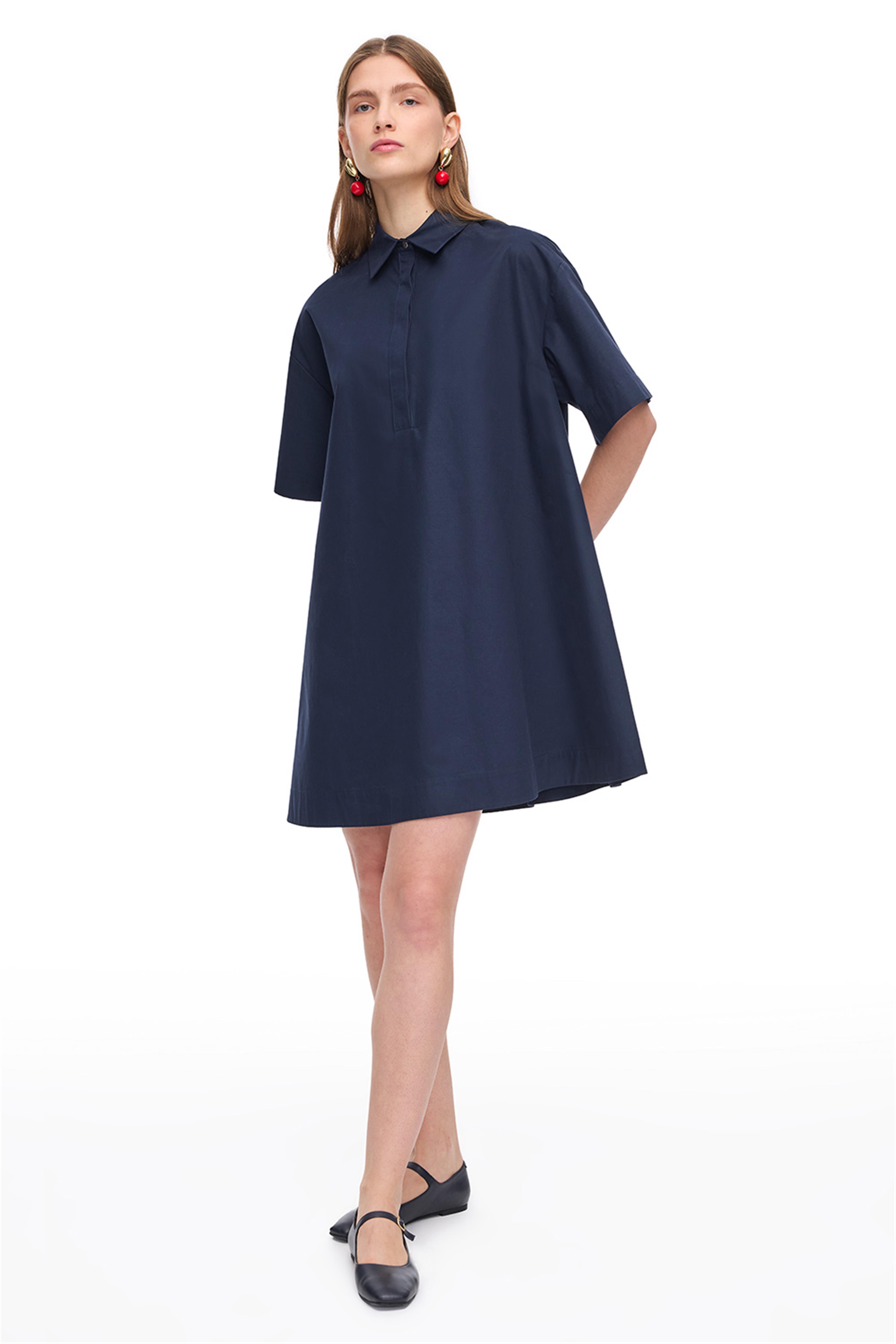 Lacivert Mini GömlekPamuklu Elbise