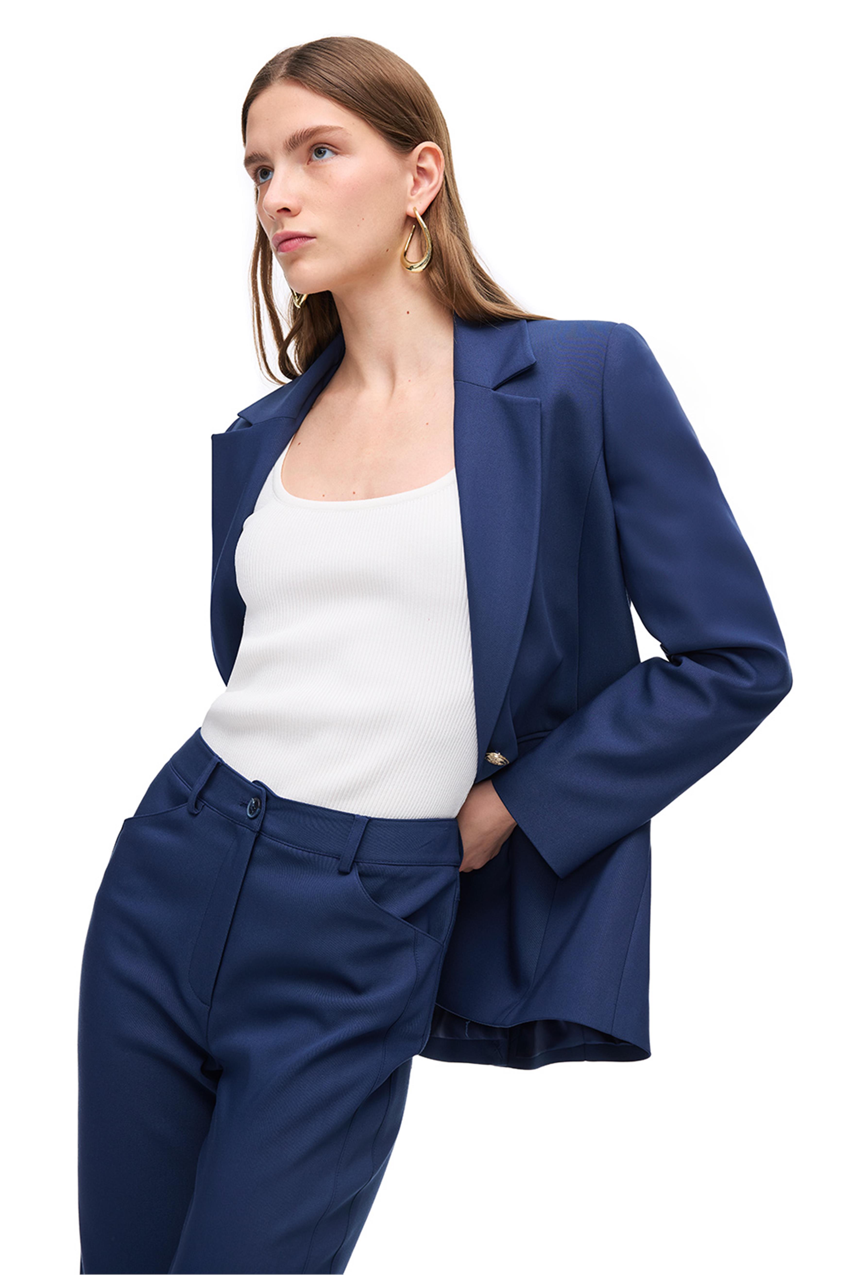 Lacivert Uzun Kollu Düğme Detaylı Ceket