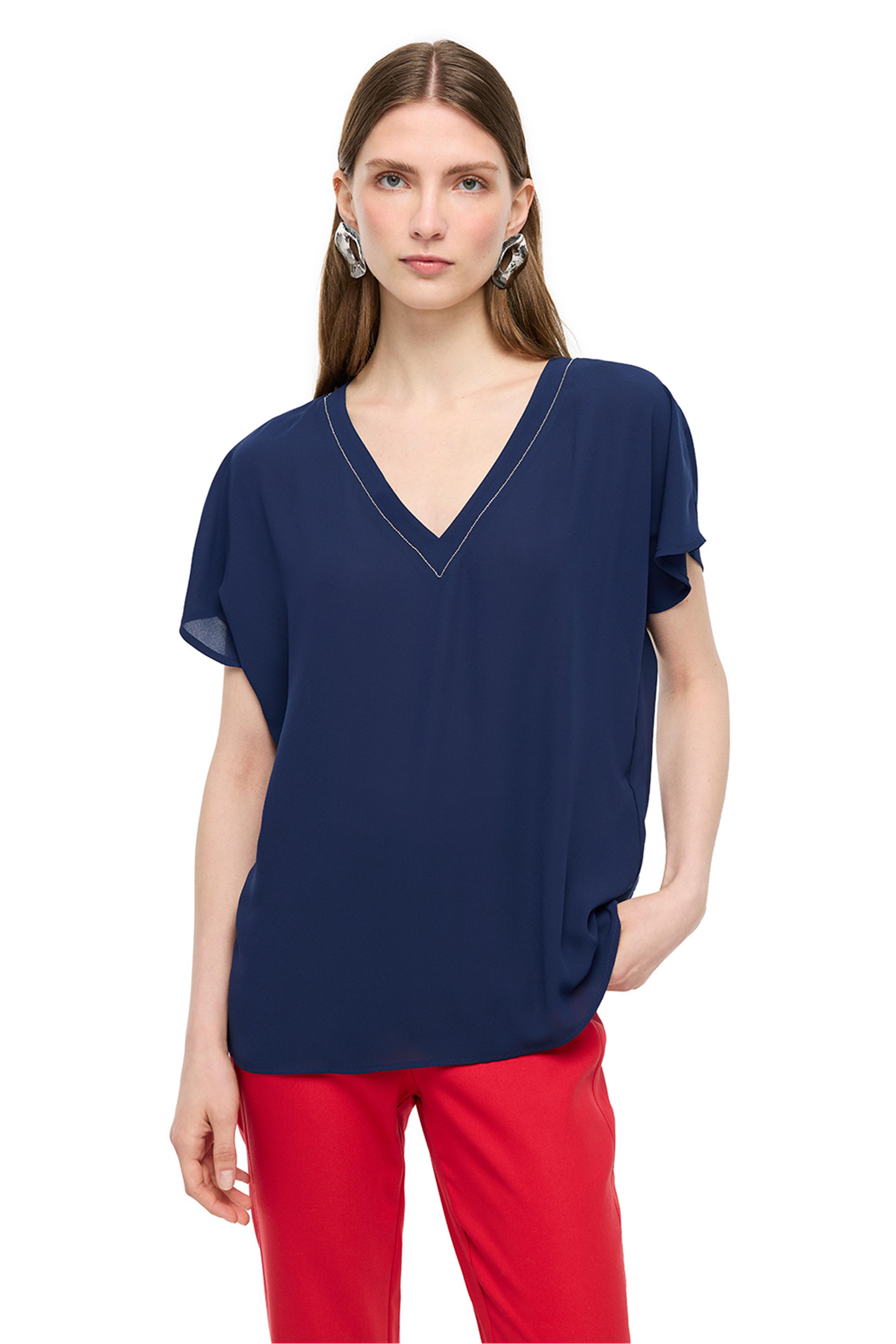 Lacivert V Yaka Rahat Kalıp Bluz