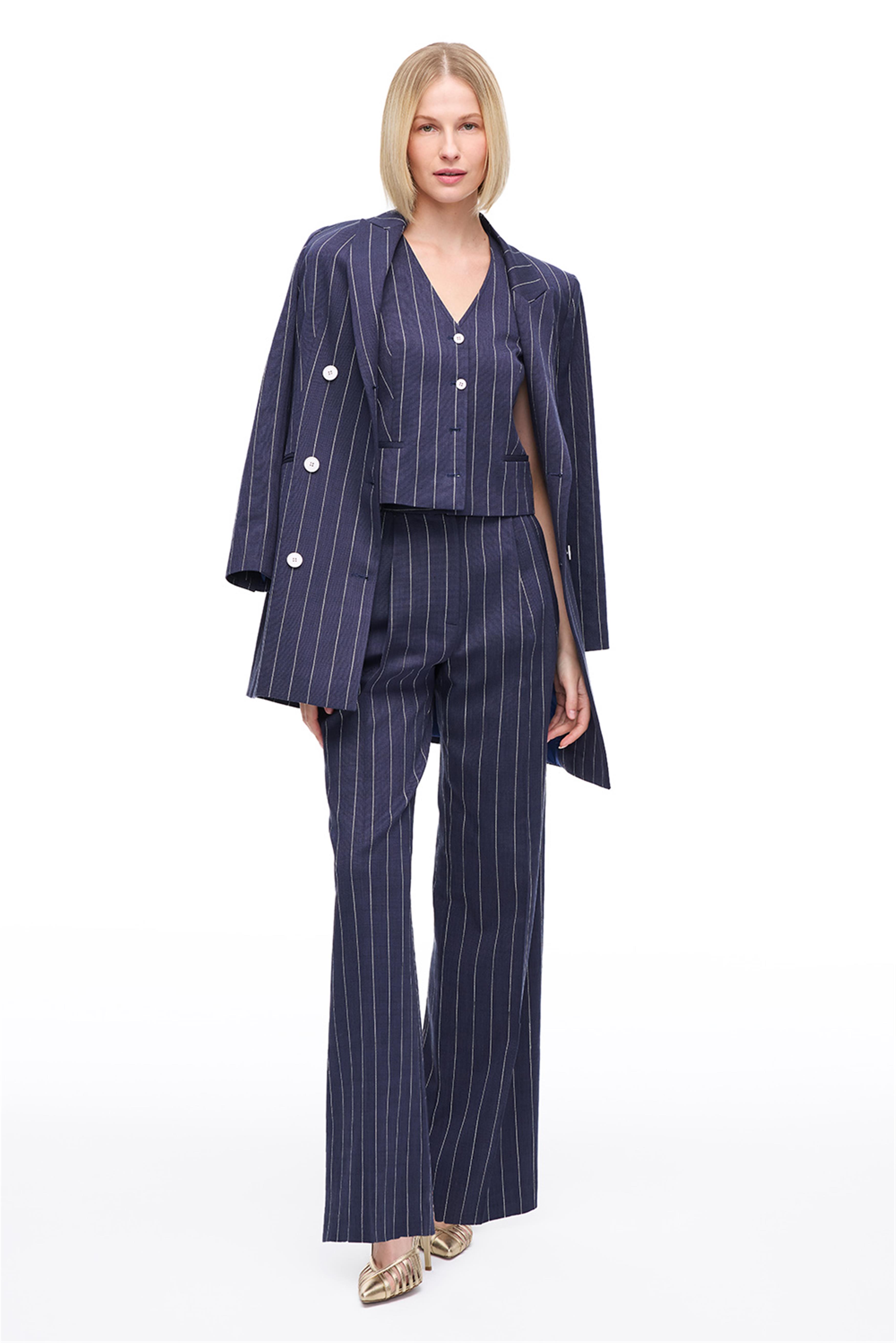 Lacivert Yüksek Bel Çizgili Palazzo Pantolon