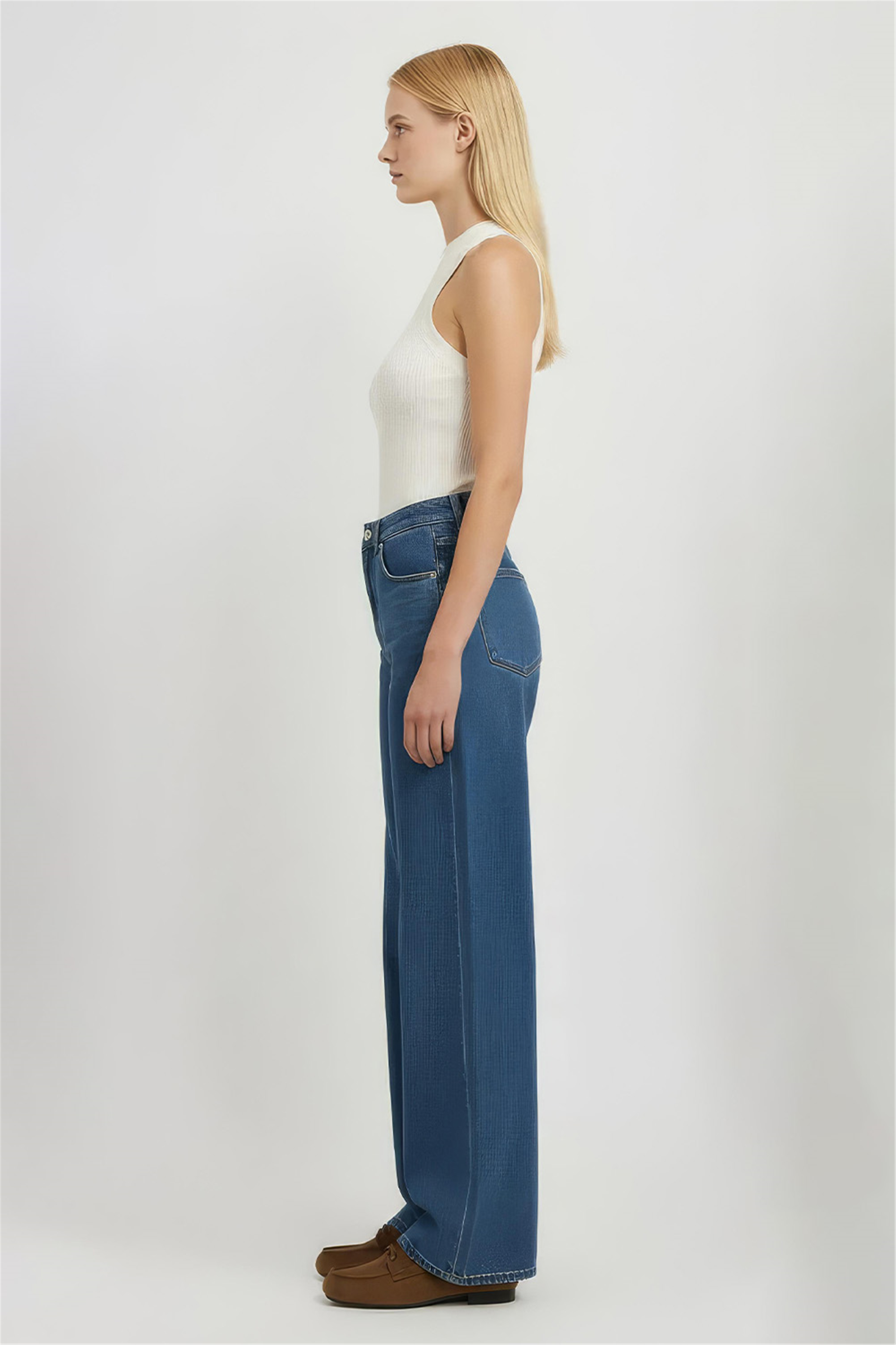 Lacivert Yüksek Bel Geniş Paça Denim Pantolon