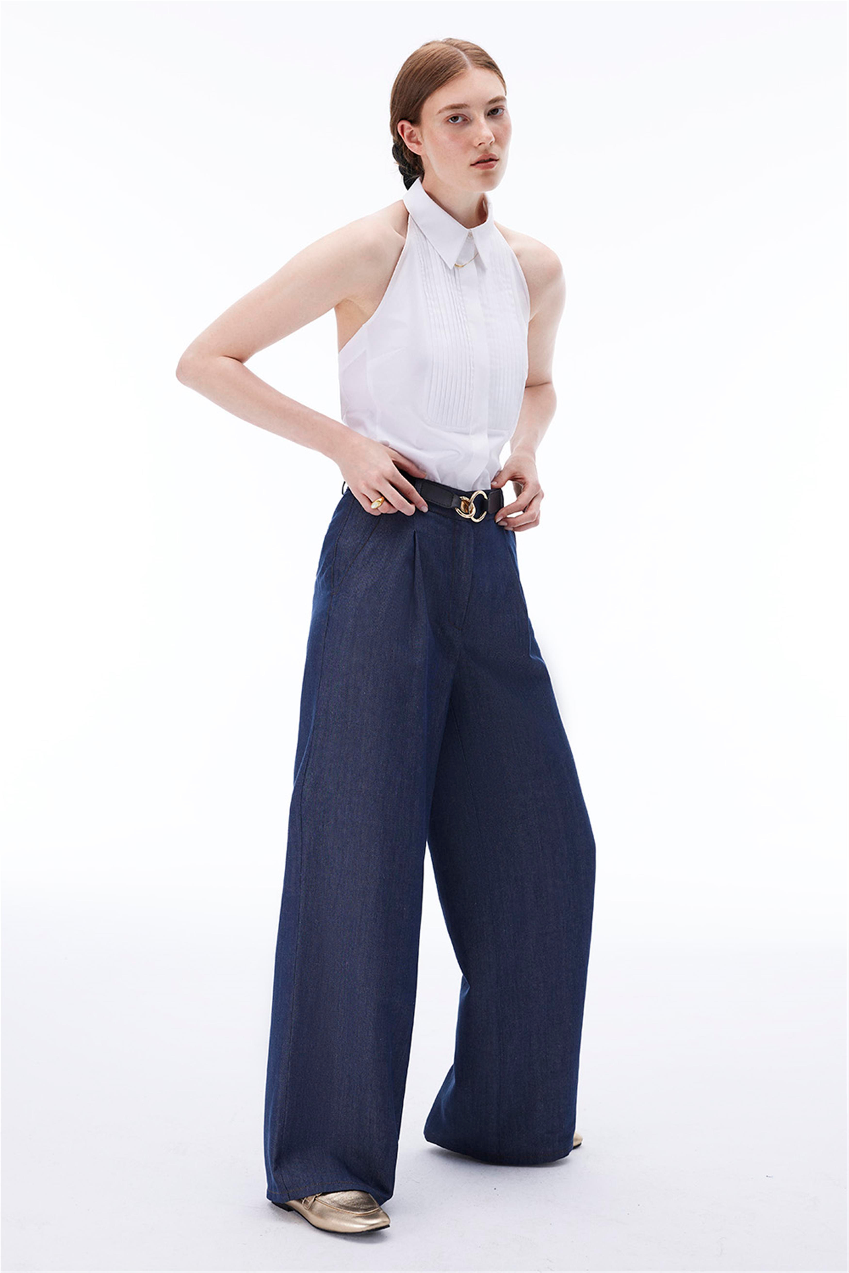 Latibule Regular Fit Bilek Boy Boru Paça İndigo Renk Kadın Pantolon