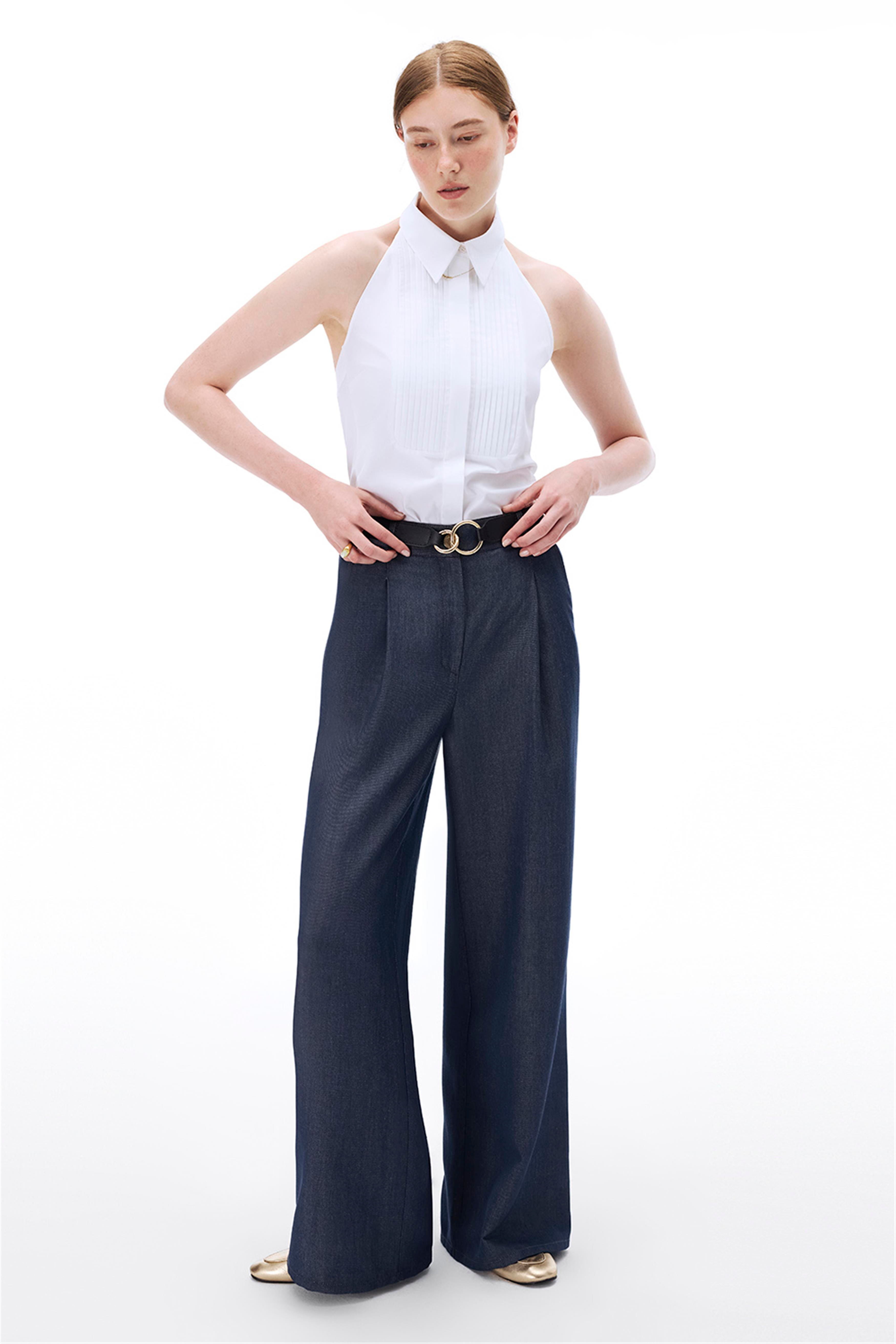 Latibule Regular Fit Bilek Boy Boru Paça İndigo Renk Kadın Pantolon