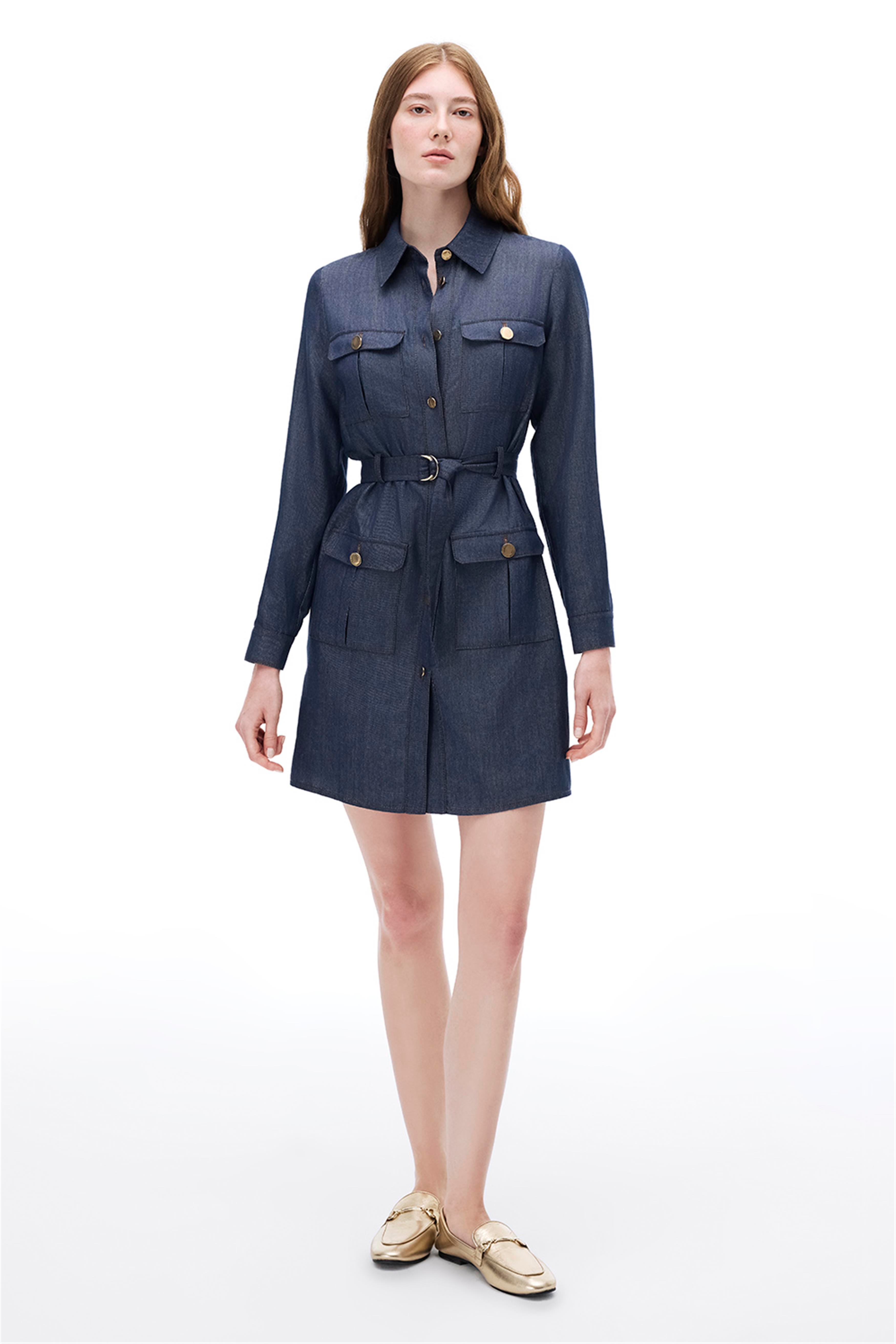 Latibule Regular Fit Diz Üstü Takma Kol Gömlek Yaka İndigo Renk Elbise