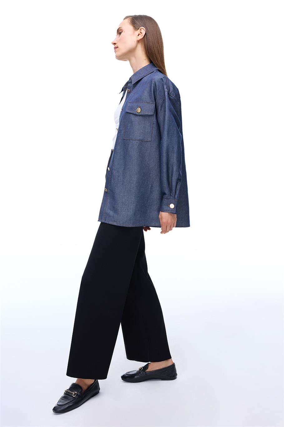 Latibule Regular Fit Standart Boy Takma Kol Gömlek Yaka İndigo Renk Kadın Gömlek