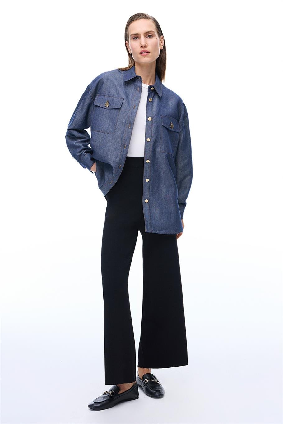 Latibule Regular Fit Standart Boy Takma Kol Gömlek Yaka İndigo Renk Kadın Gömlek