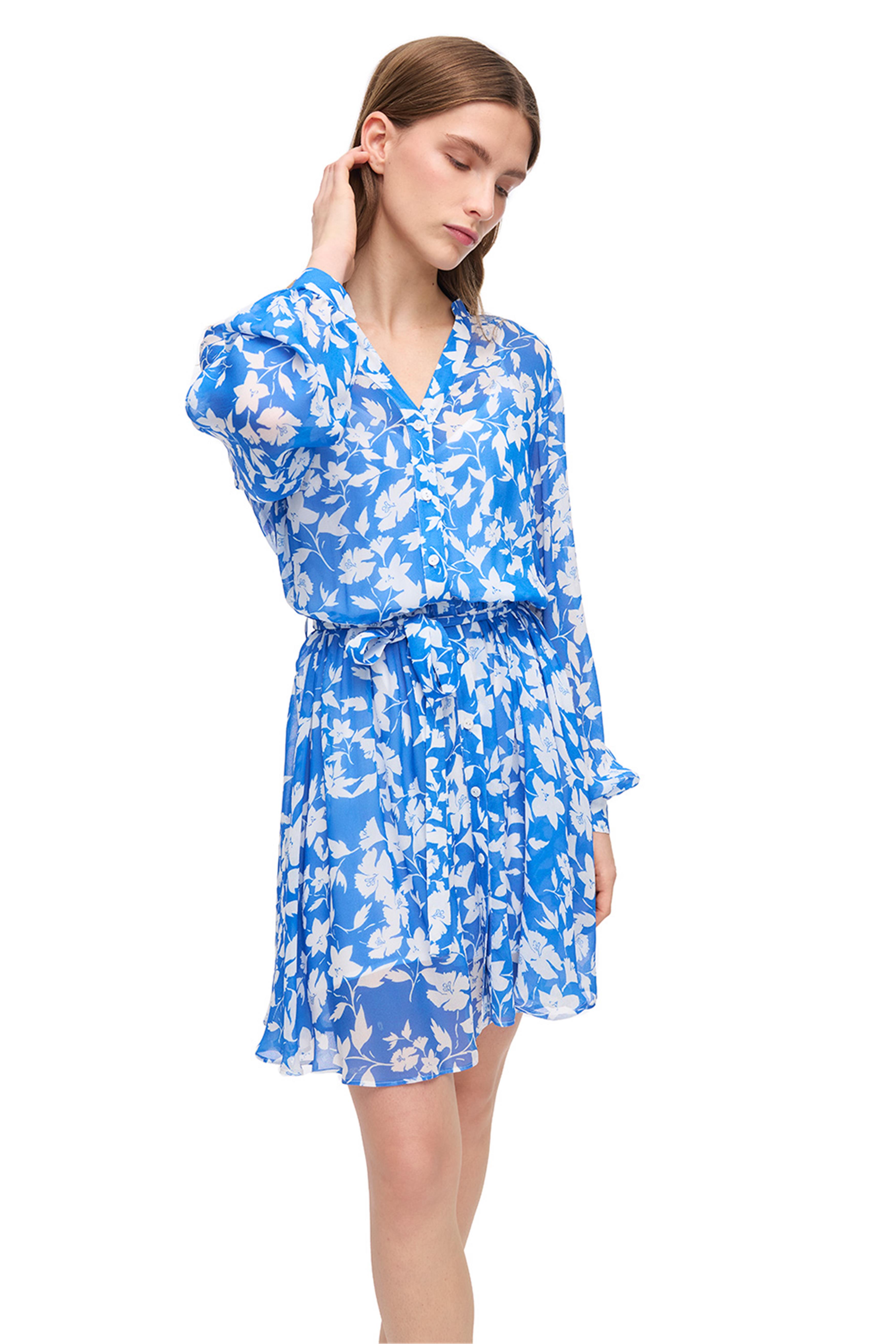 Mavi Beyaz Çiçek Desenli Düğmeli Mini Elbise