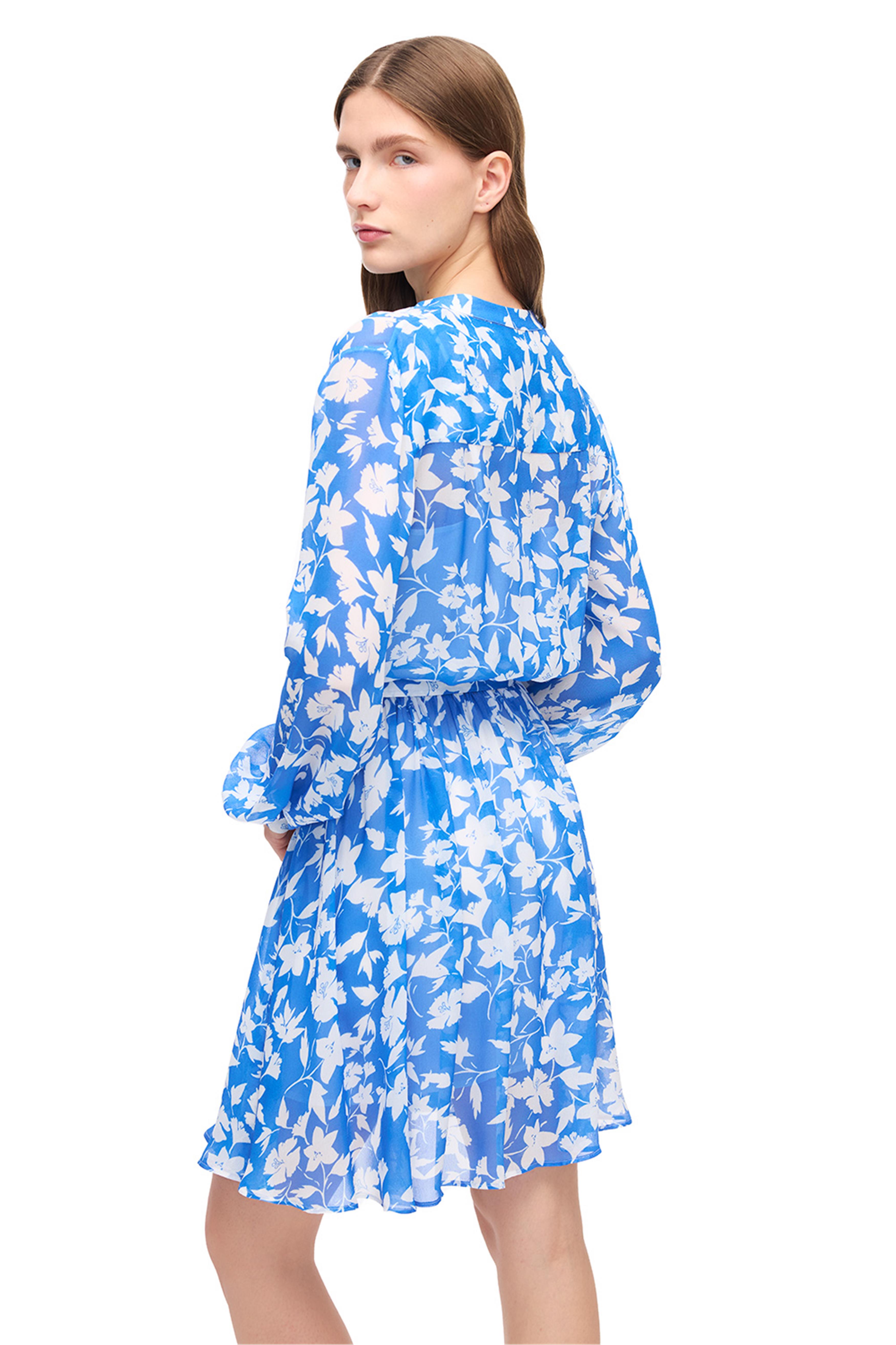 Mavi Beyaz Çiçek Desenli Düğmeli Mini Elbise