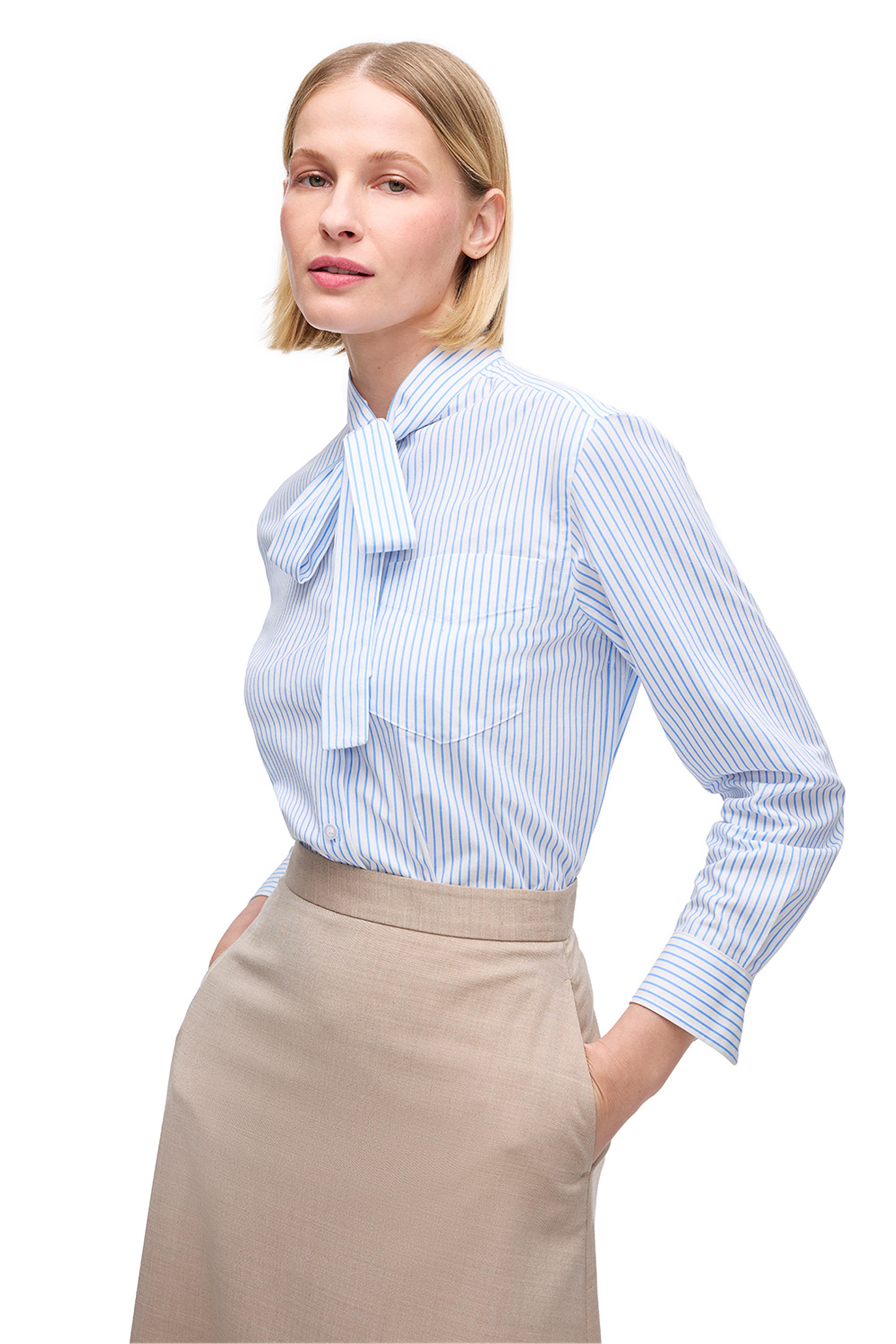 Mavi Beyaz Çizgili Düşük Kollu Pamuklu Gömlek