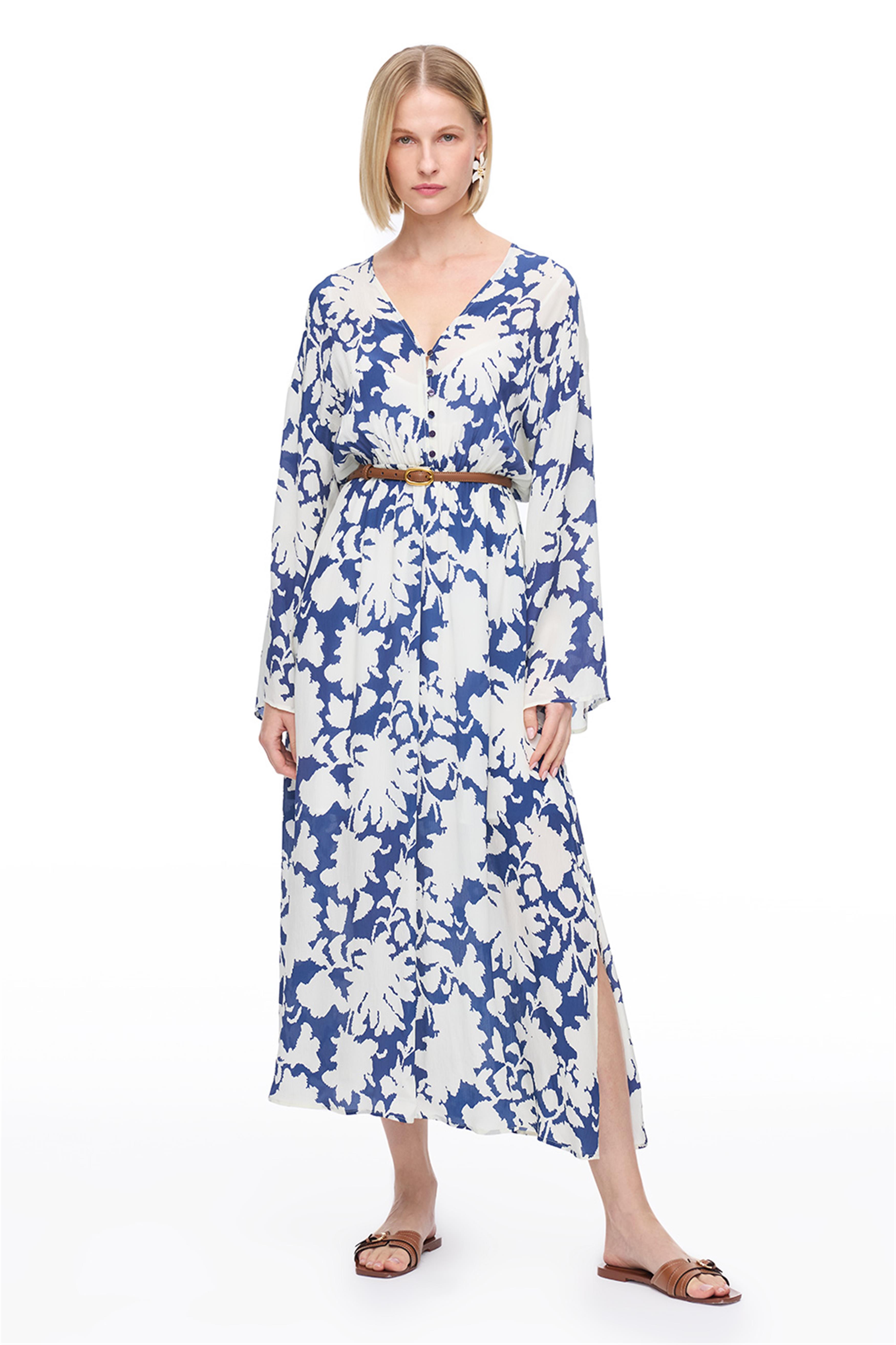 Mavi Çiçek Desenli Uzun Kollu Elbise