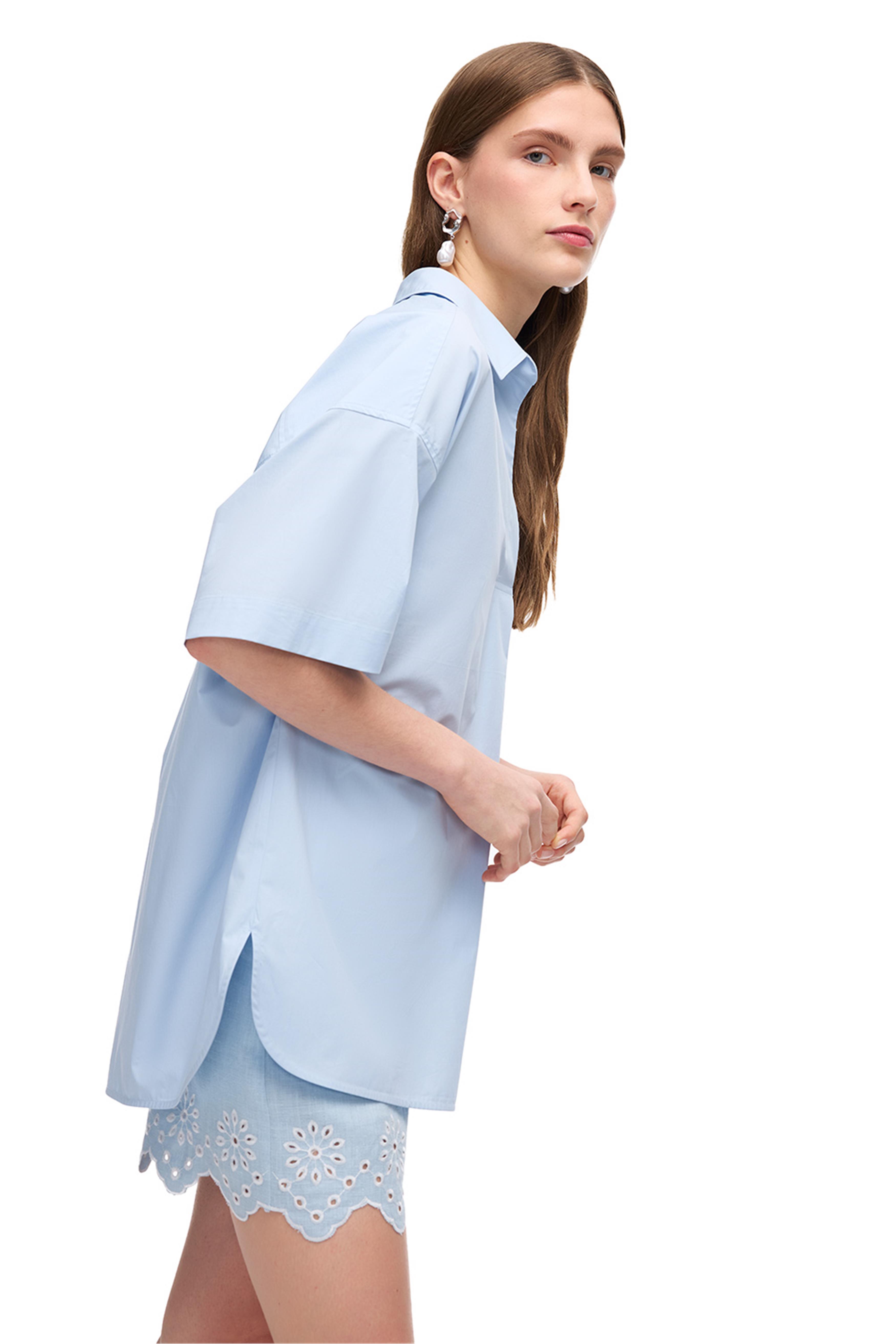 Mavi V Yaka Pamuklu Bluz