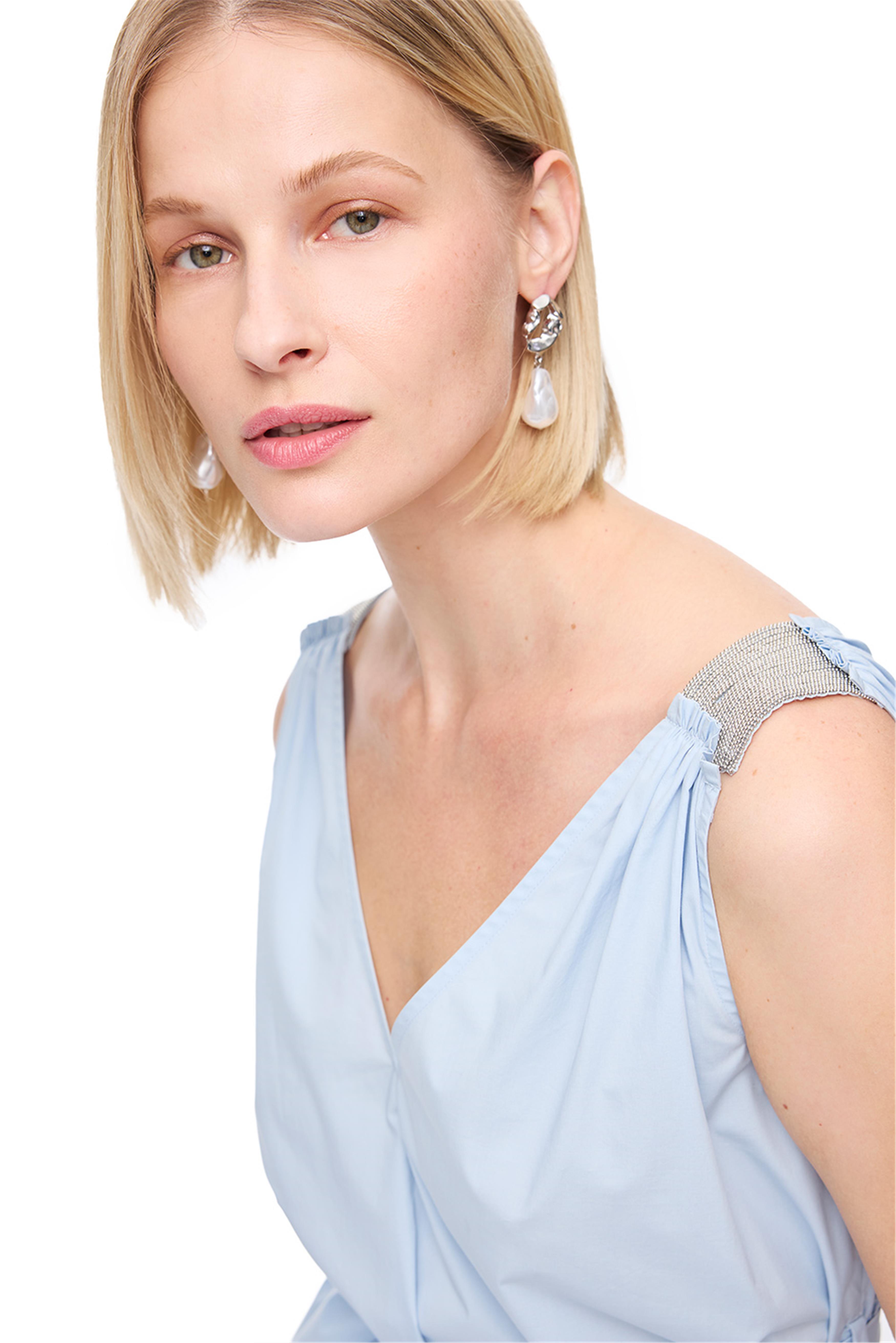 Mavi V-Yaka Pamuklu Midi Elbise