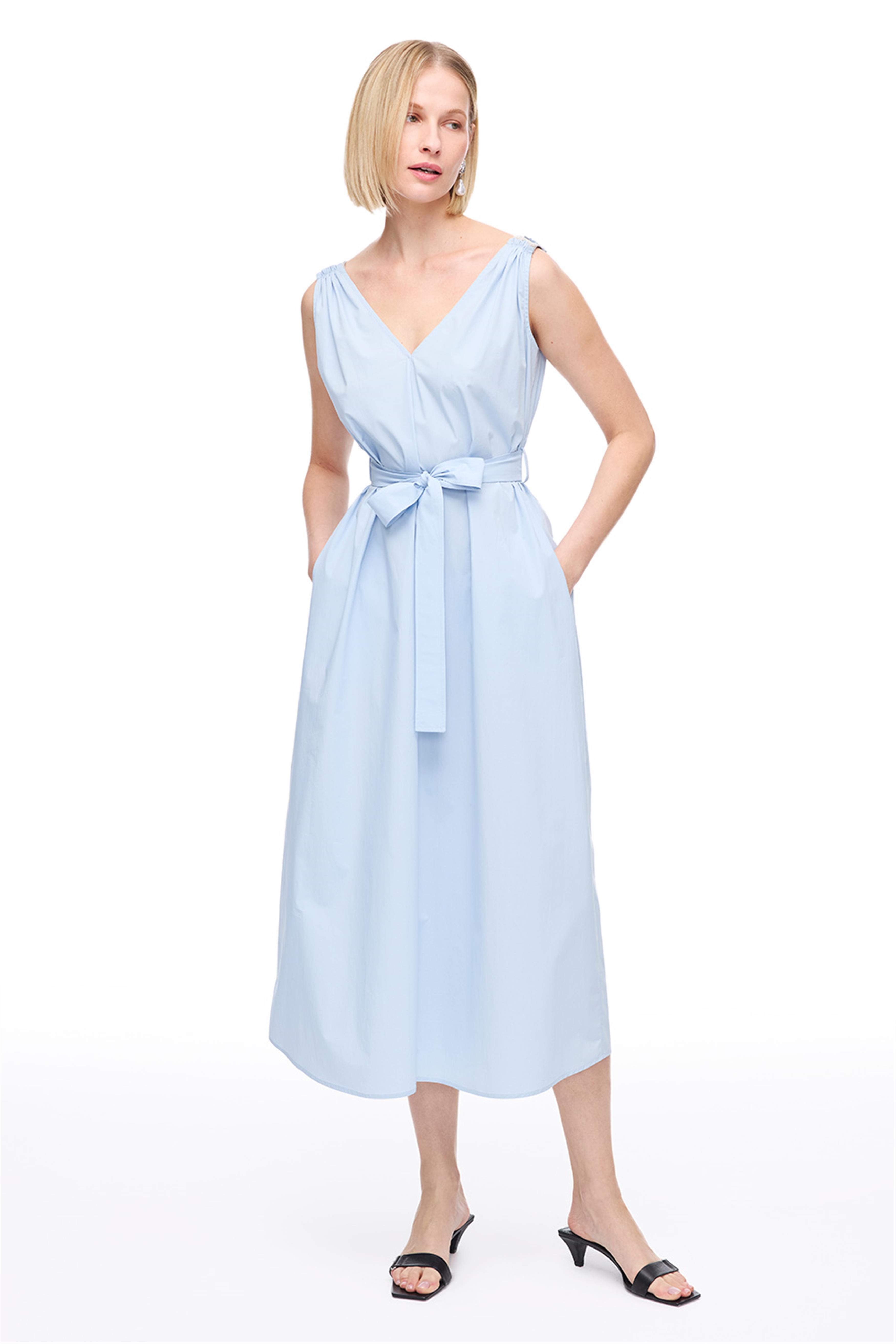 Mavi V-Yaka Pamuklu Midi Elbise